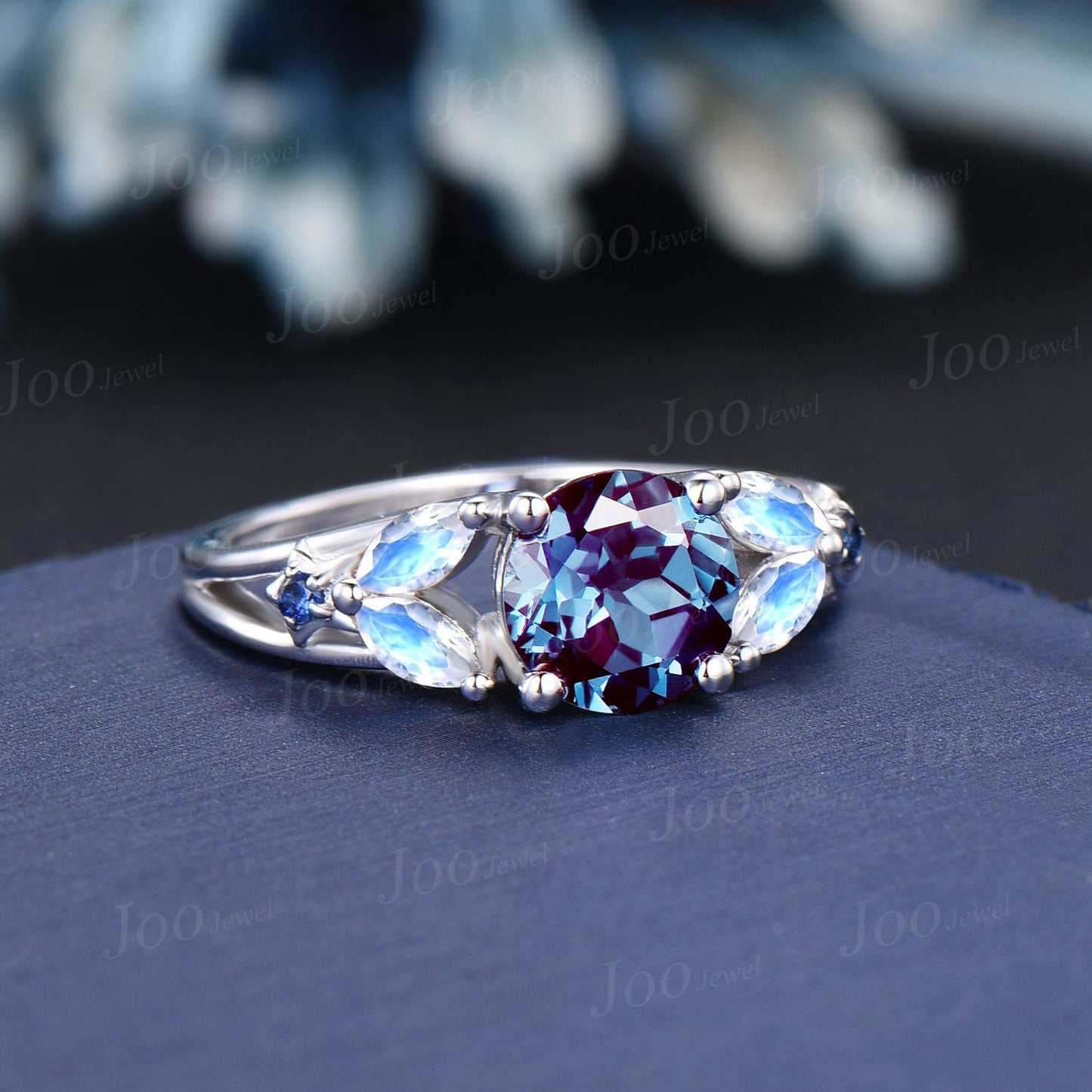 7mm Round Cut Color-Change Alexandrite Engagement Rings Split Shank Band Cluster Natural Moonstone Blue Sapphire Ring Sterling Silver Ring