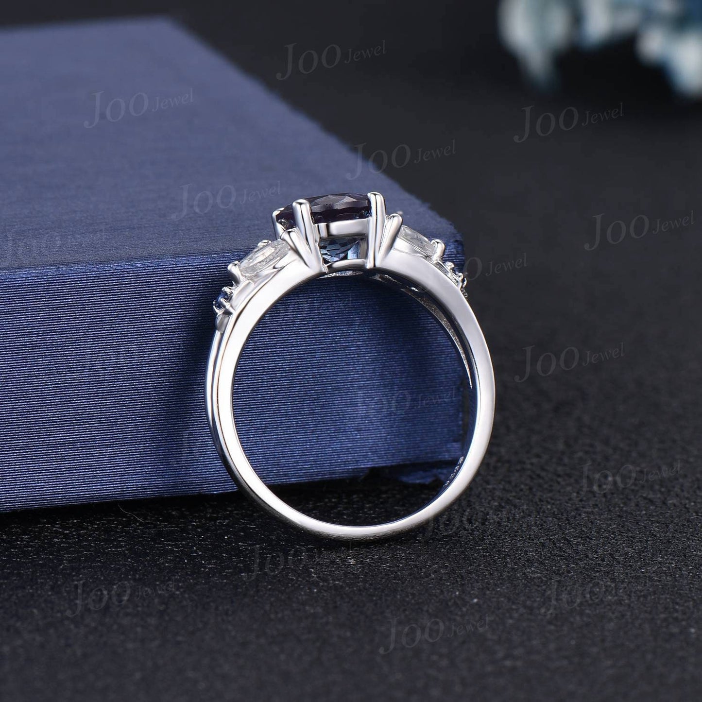 7mm Round Cut Color-Change Alexandrite Engagement Rings Split Shank Band Cluster Natural Moonstone Blue Sapphire Ring Sterling Silver Ring