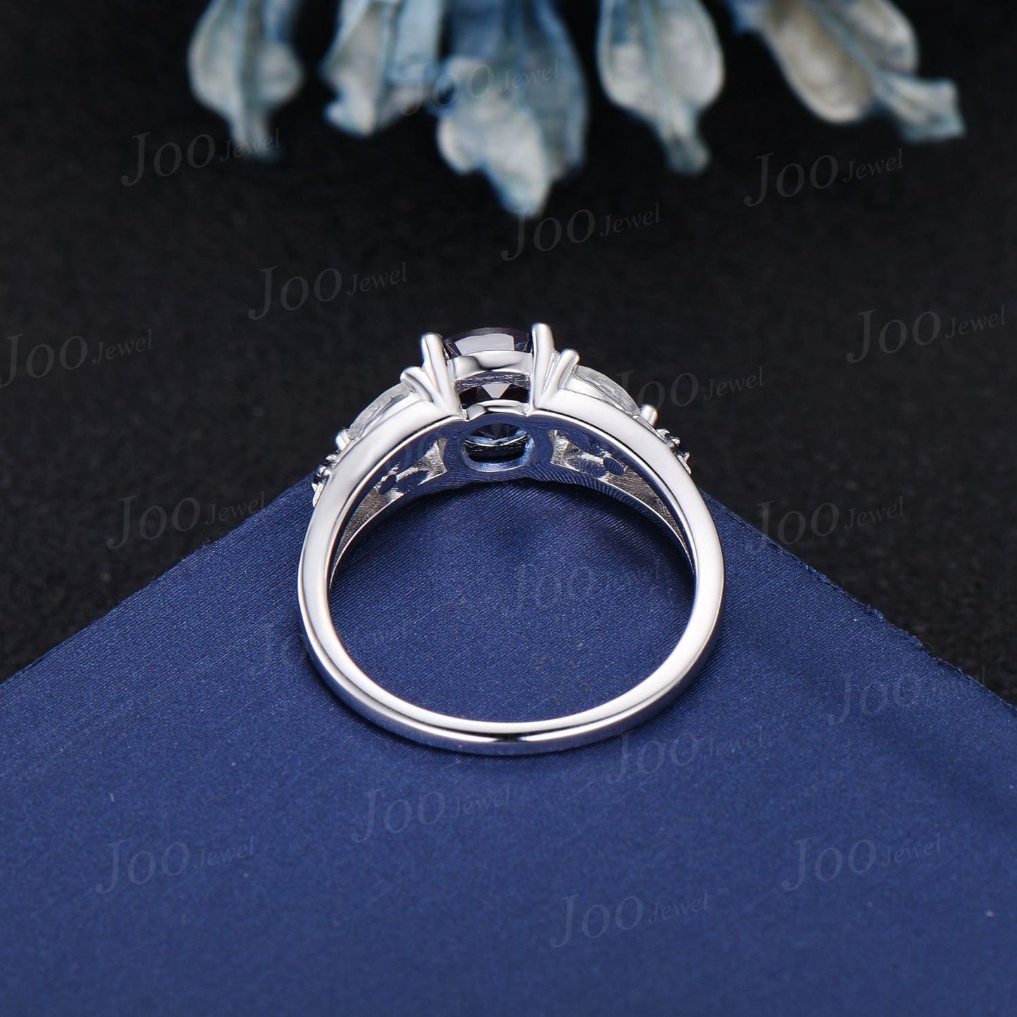 7mm Round Cut Color-Change Alexandrite Engagement Rings Split Shank Band Cluster Natural Moonstone Blue Sapphire Ring Sterling Silver Ring