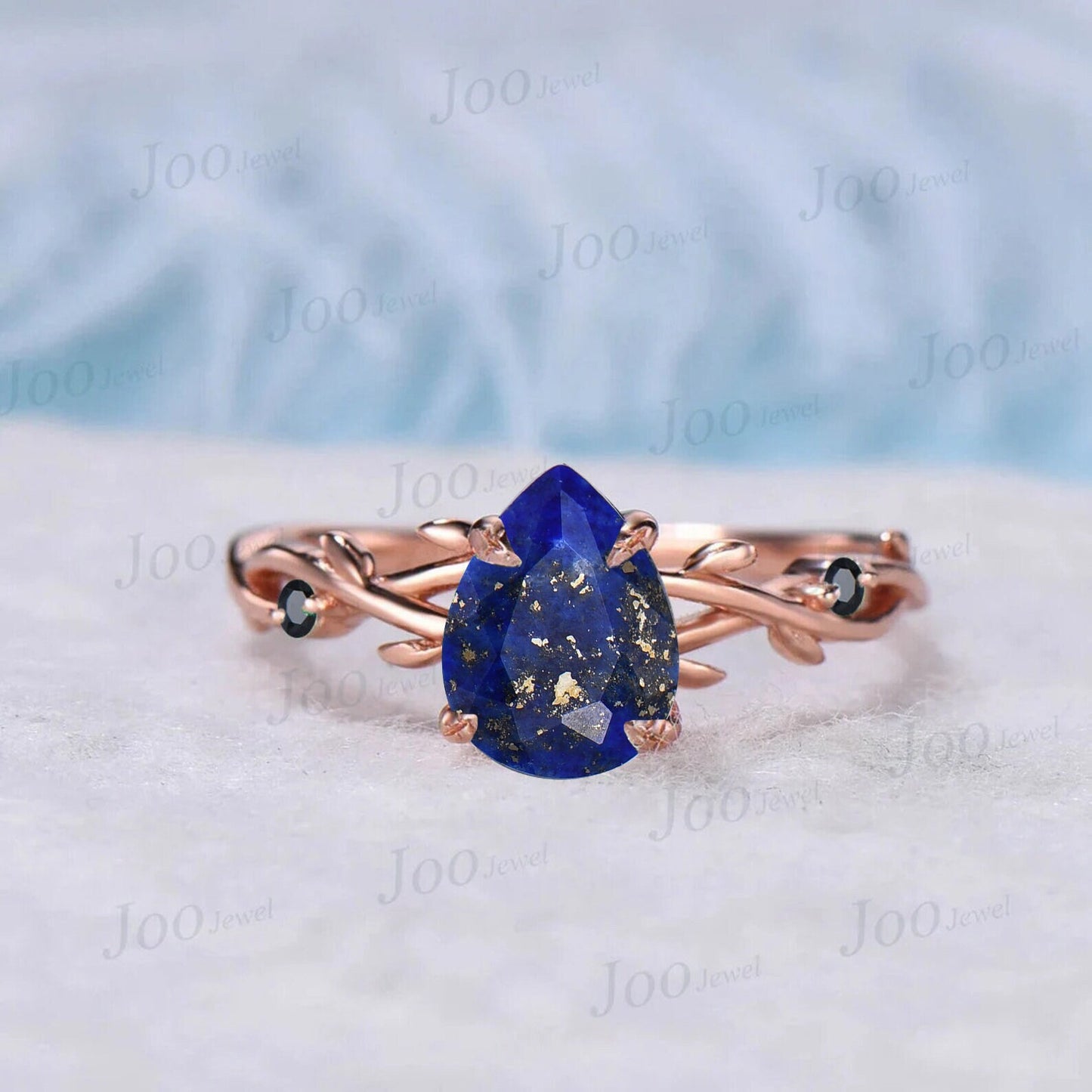 1.25ct Nature Inspired Natural Lapis Lazuli Engagement Ring Set Pear Lapis Gold Ring Twig Vine Black Spinel Wedding Ring Lapis Bridal Sets