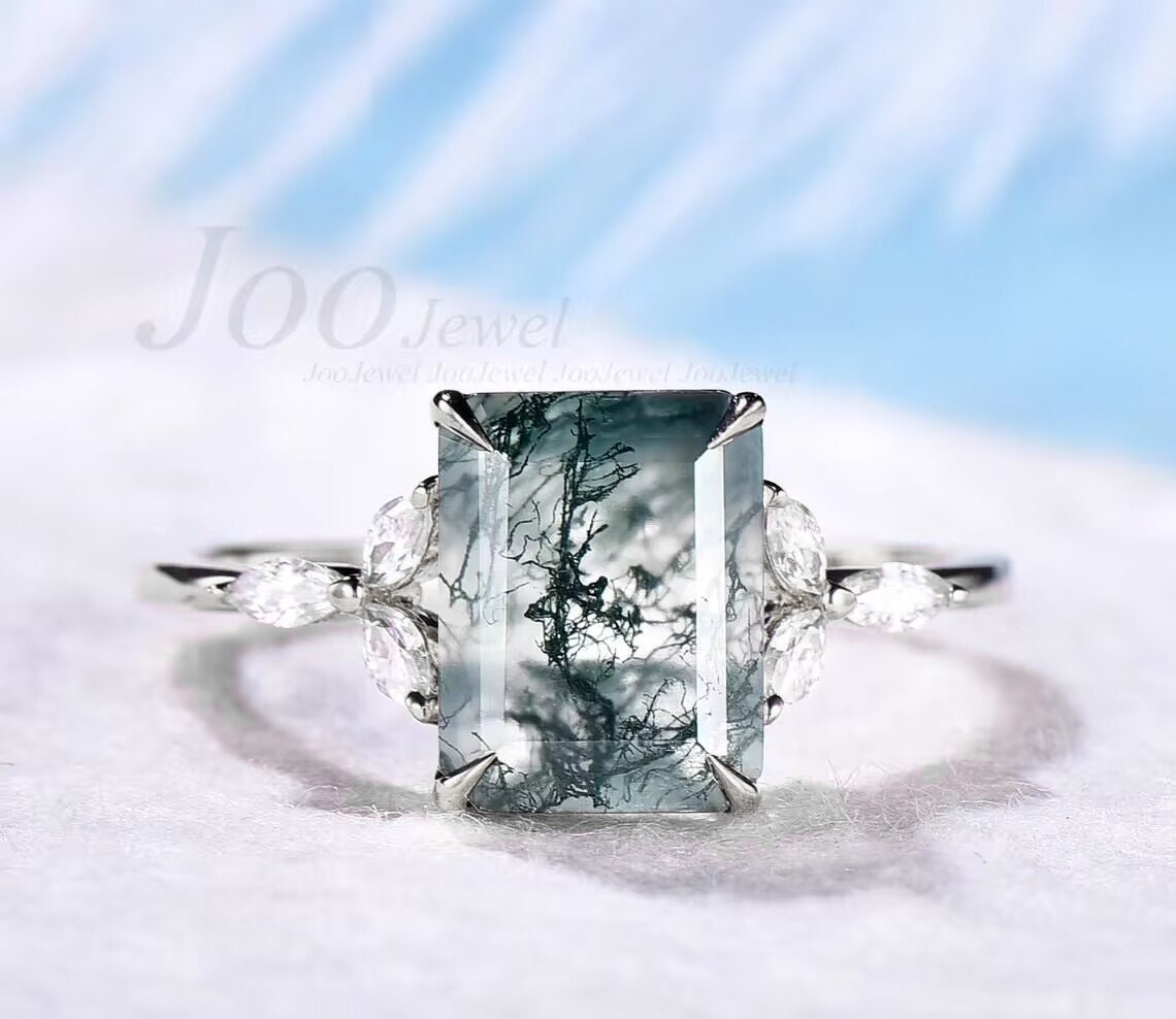 Green moss agate ring unique vintage 7x9mm emerald cut moss agate engagement ring art deco flower marquise moissanite ring rose gold silver