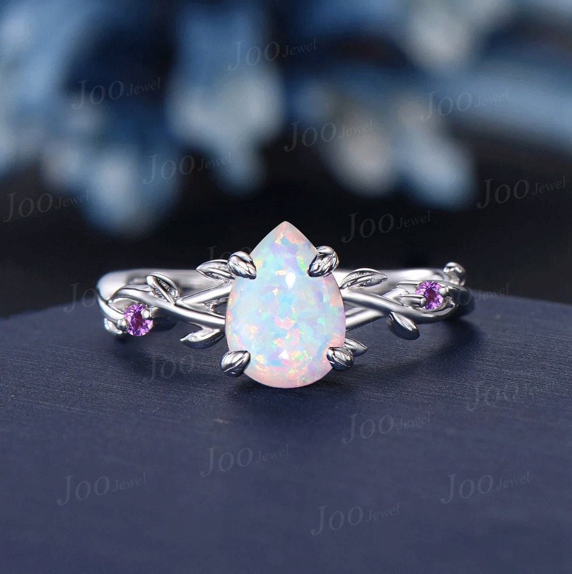 1.25ct Nature Inspired White Opal Bridal Set Unique 14K White Gold Pear Shaped Fire Opal Amethyst Wedding Ring Twig Vine Branch Promise Ring