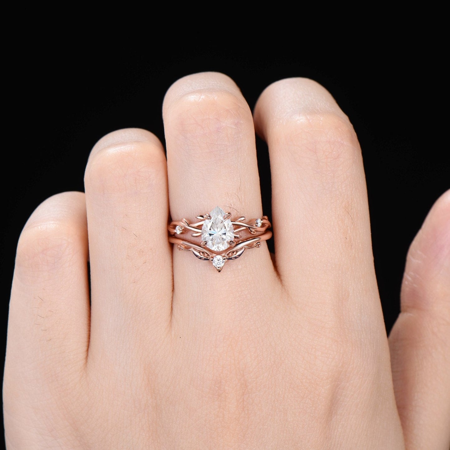 1.25ct Moissanite Diamond Ring Set 14K Rose Gold Nature Inspired Twig Vine Diamond Engagement Ring Unique Pear Wedding Anniversary Ring Gift
