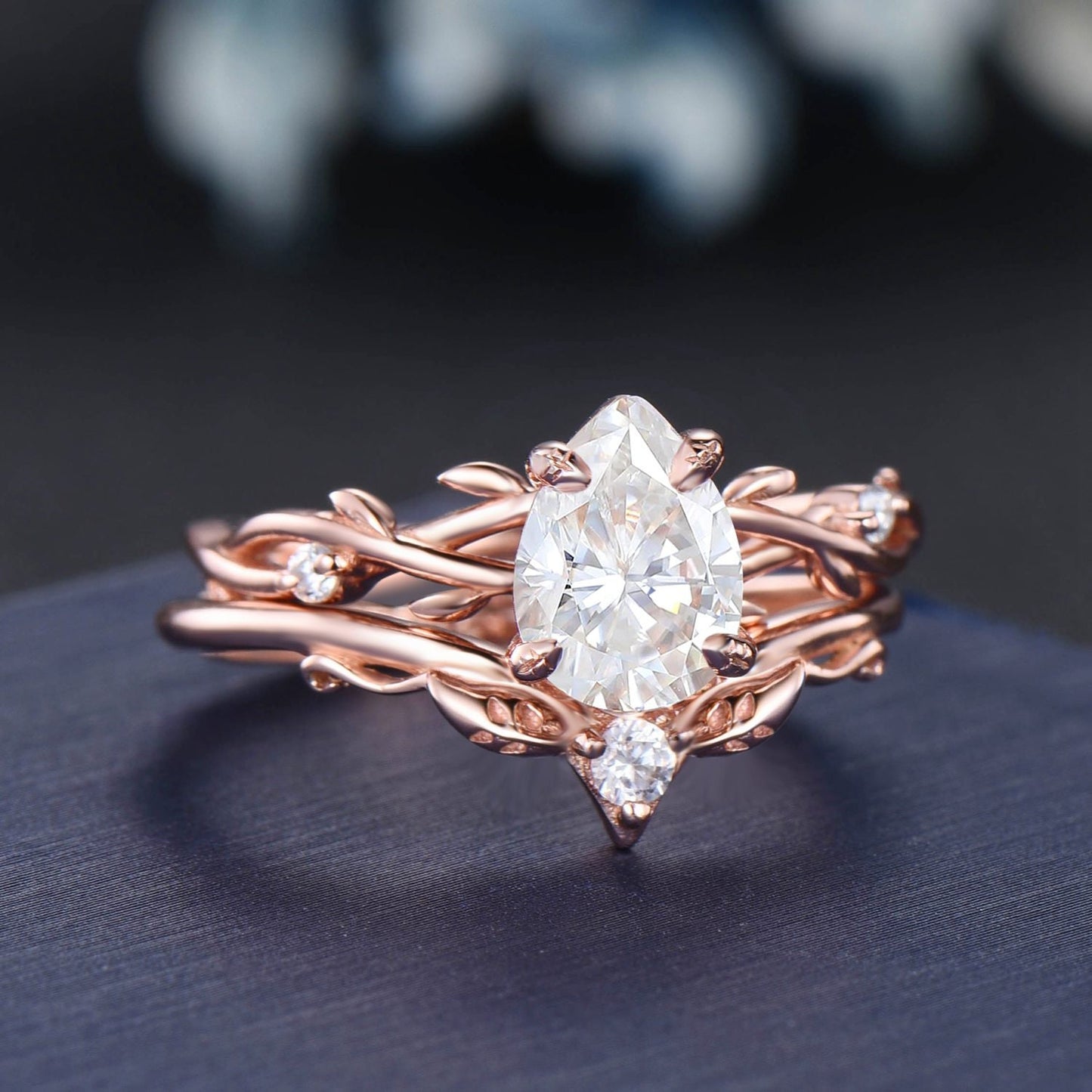 1.25ct Moissanite Diamond Ring Set 14K Rose Gold Nature Inspired Twig Vine Diamond Engagement Ring Unique Pear Wedding Anniversary Ring Gift