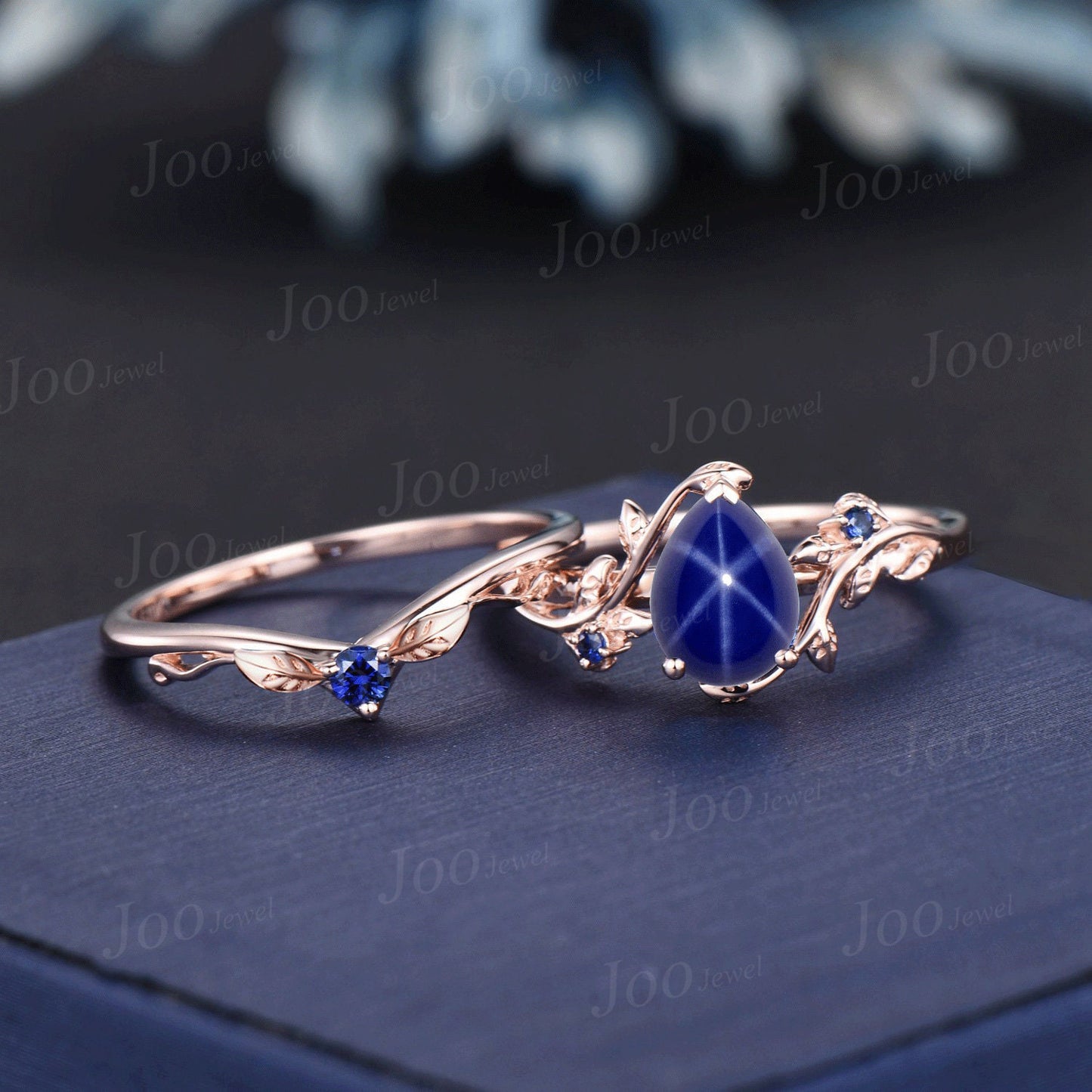 1.25ct Pear Cut Nature Inspired Star Sapphire Engagement Ring Set Branch Leaf Blue Sapphire Wedding Ring Set Unique Handmade Proposal Gifts