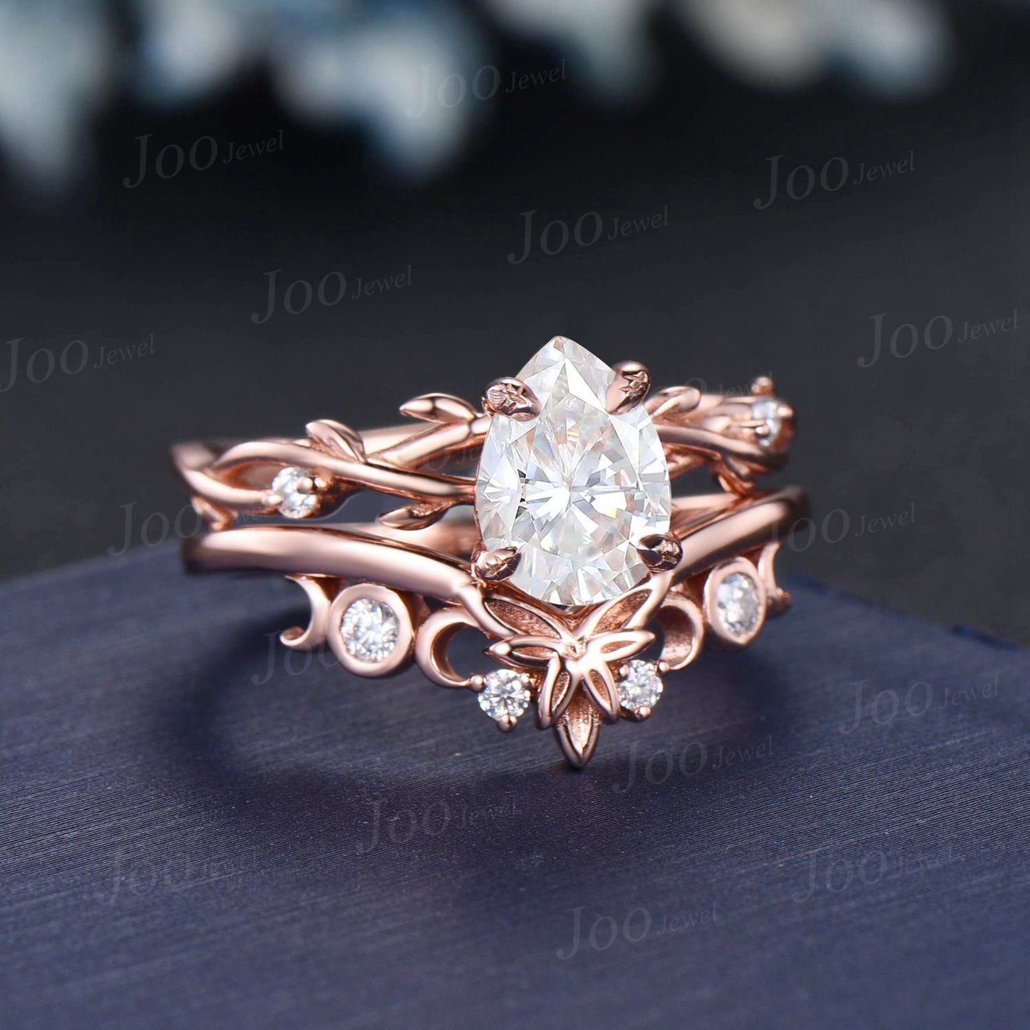 1.25ct Pear Moissanite Diamond Ring Set 14K Rose Gold Nature Inspired Twig Vine Moissanite Engagement Ring Unique Promise Anniversary Rings