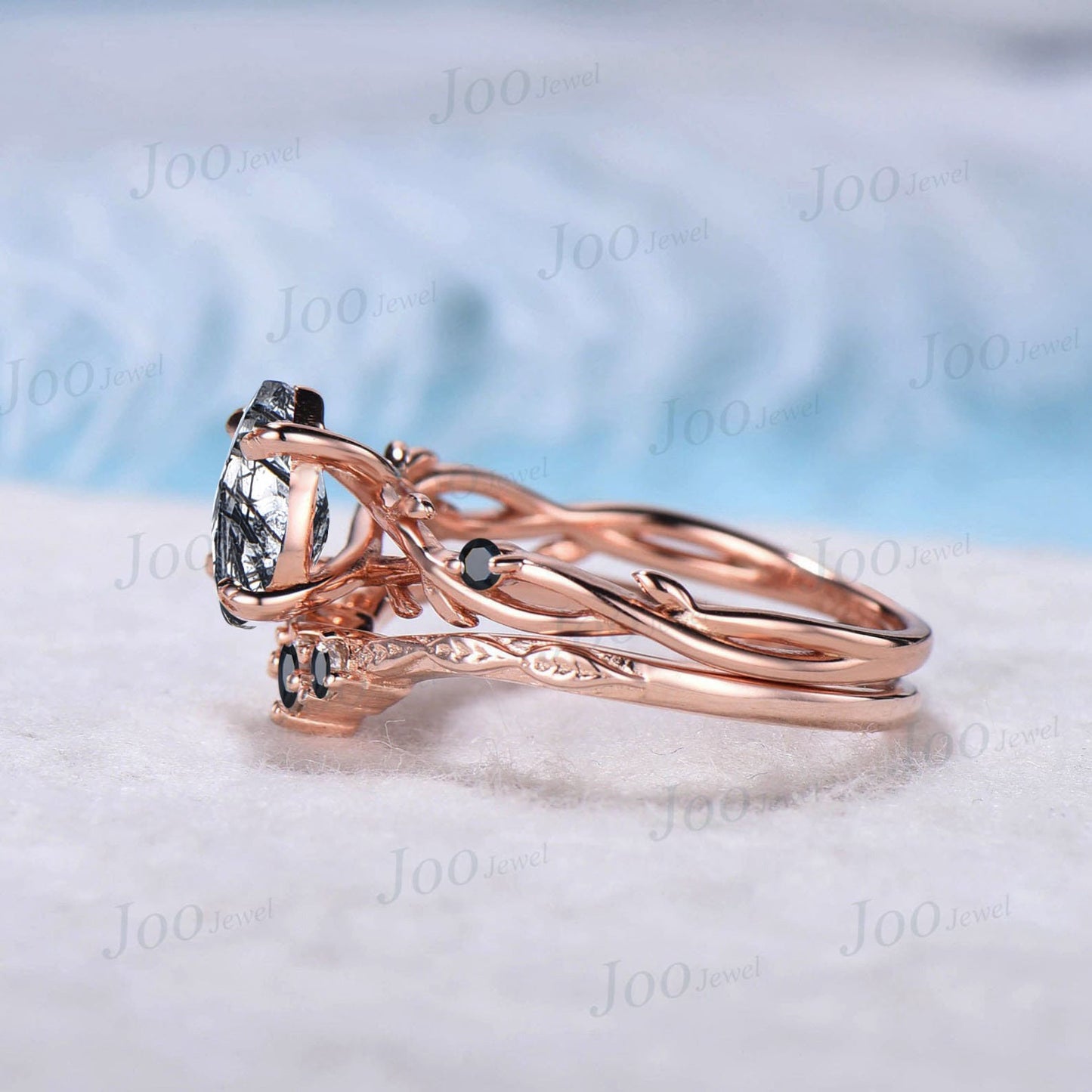 1.25ct Pear Twig Vine Natural Black Rutilated Quartz Ring Set Black Gemstone Nature Inspired Black Quartz Engagement Ring Lucky Promise Ring