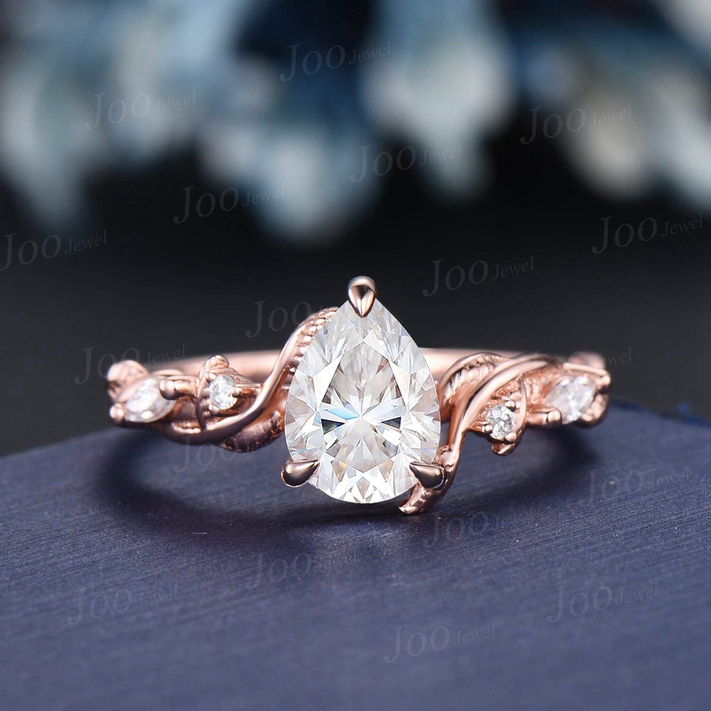 1.25ct Pear Moissanite Diamond Bridal Ring Set Nature Inspired Moissanite Engagement Ring 14k Rose Gold Leaf Vine Branch Wedding Ring Gifts