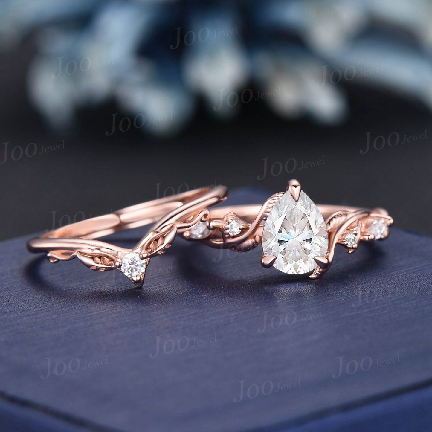 1.25ct Pear Moissanite Diamond Bridal Ring Set Nature Inspired Moissanite Engagement Ring 14k Rose Gold Leaf Vine Branch Wedding Ring Gifts