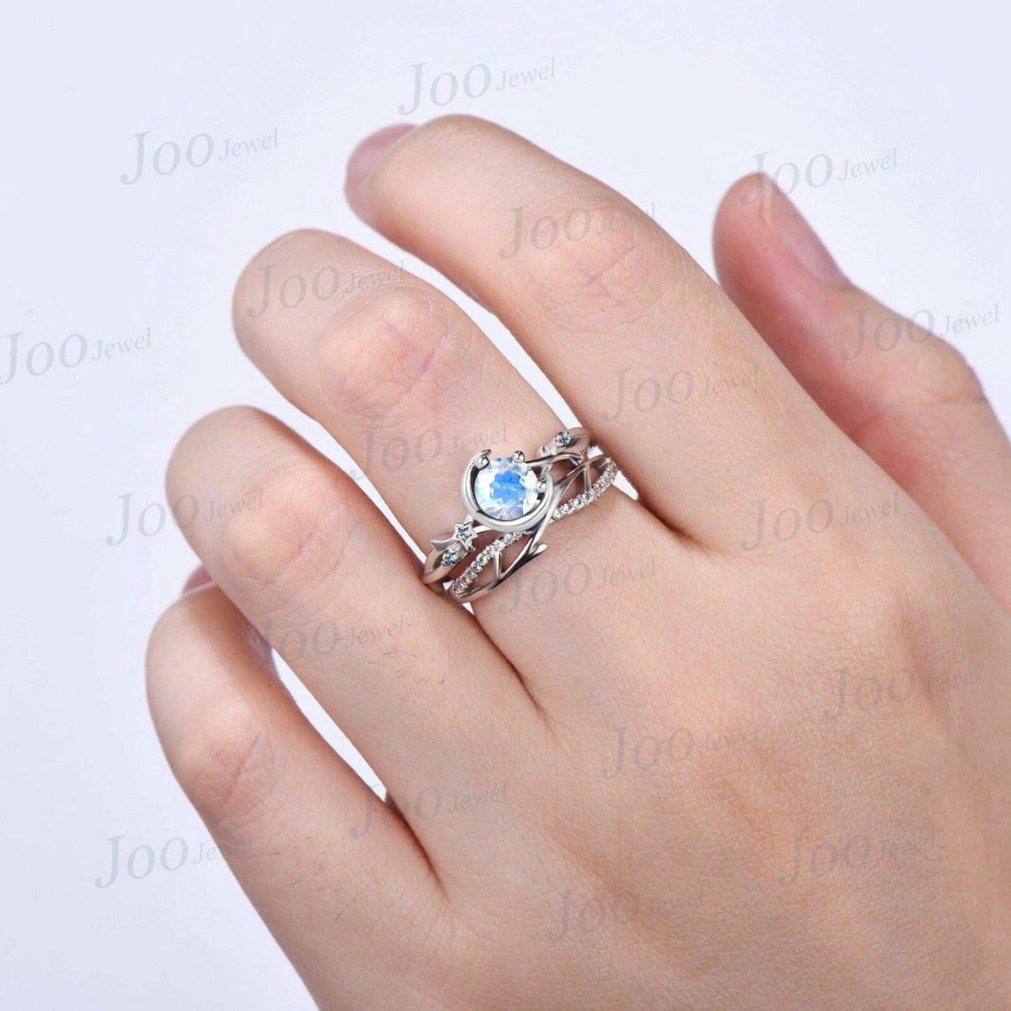 5mm Twig Vine Round Natural Rainbow Moonstone Wedding Ring Moon Star Design Moonstone Alexandrite Ring Unique June Birthstone Jewelry Gifts