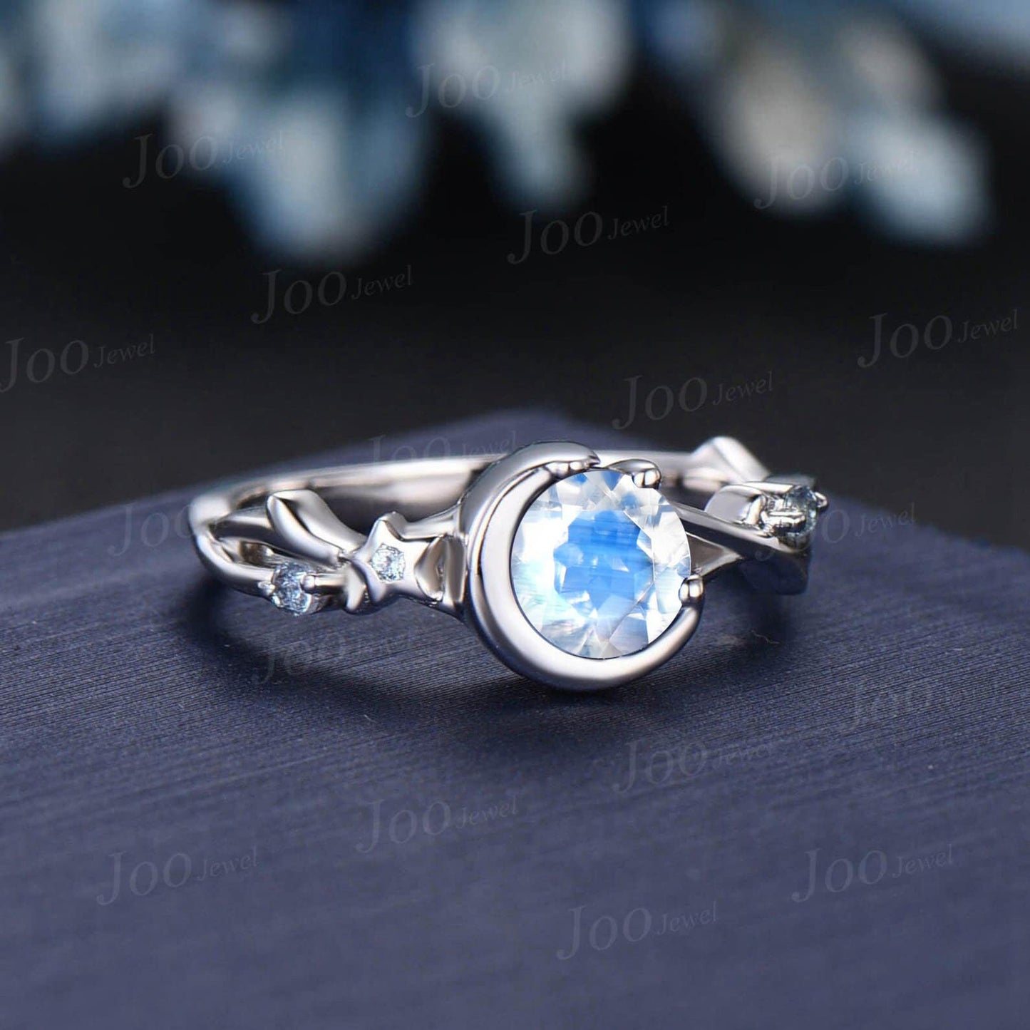 5mm Twig Vine Round Natural Rainbow Moonstone Wedding Ring Moon Star Design Moonstone Alexandrite Ring Unique June Birthstone Jewelry Gifts