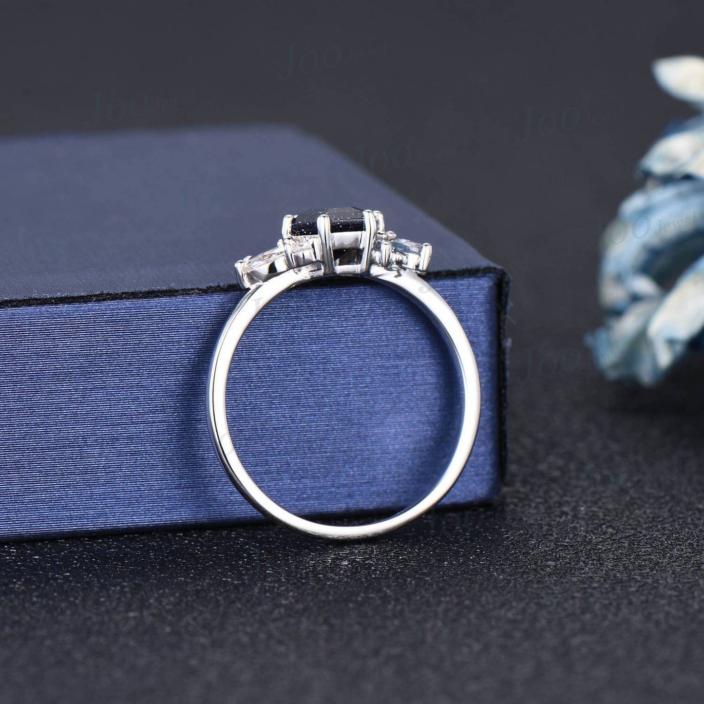 Unique 1ct Hexagon Cut Blue Sandstone Engagement Ring For Women Marquise Alexandrite Wedding Ring Flower Cluster Art Deco Moissanite Ring