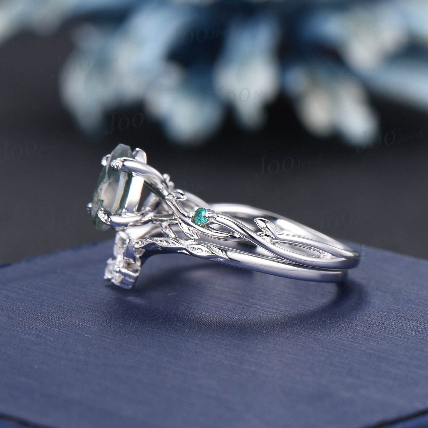 1.25ct Nature Inspired Pear Shaped Natural Moss Agate Twig Engagement Ring Set Green Emerald Branch Vine Butterfly Moissanite Wedding Band
