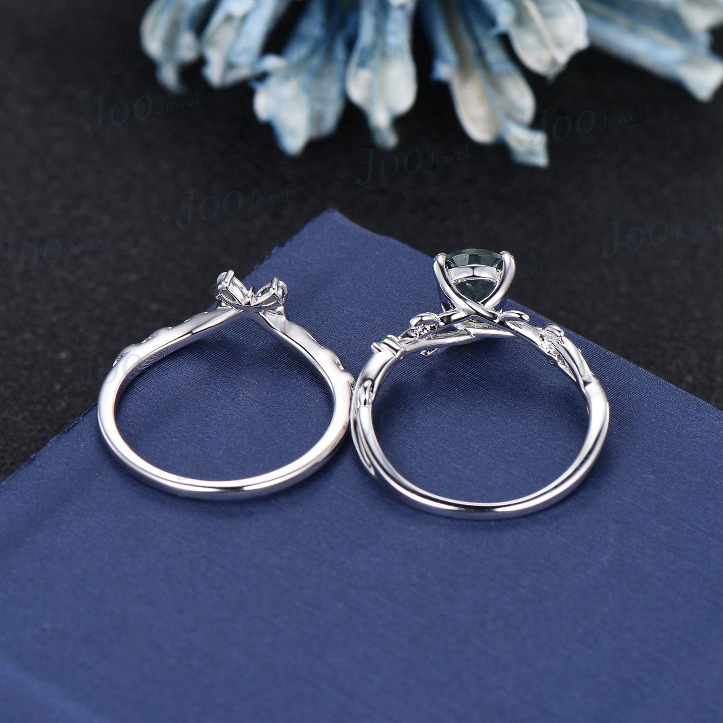 1.25ct Nature Inspired Pear Shaped Natural Moss Agate Twig Engagement Ring Set Green Emerald Branch Vine Butterfly Moissanite Wedding Band