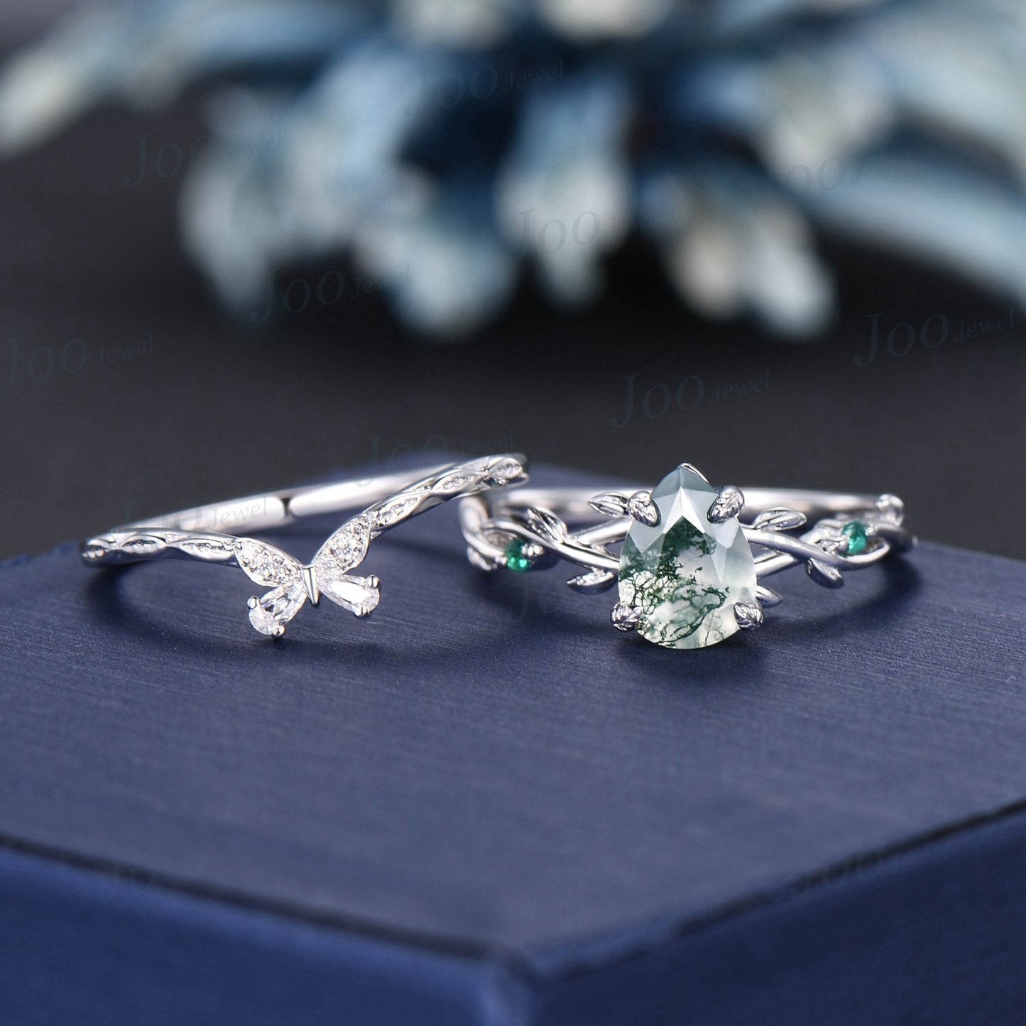 1.25ct Nature Inspired Pear Shaped Natural Moss Agate Twig Engagement Ring Set Green Emerald Branch Vine Butterfly Moissanite Wedding Band