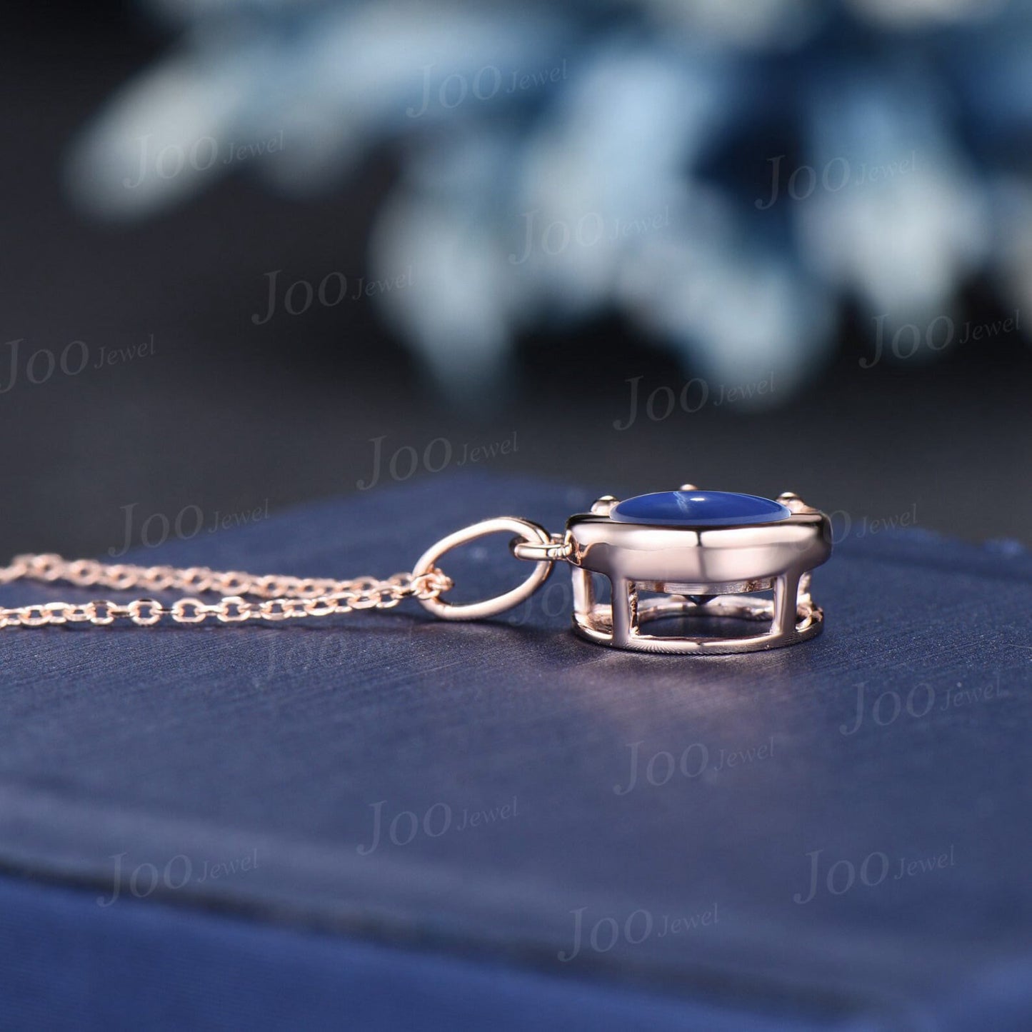 Round Star Blue Sapphire Necklace Rose Gold Crescent Moon Wedding Necklace Star Blue Bridal Solitaire Pendant Necklace Unique Promise Gifts