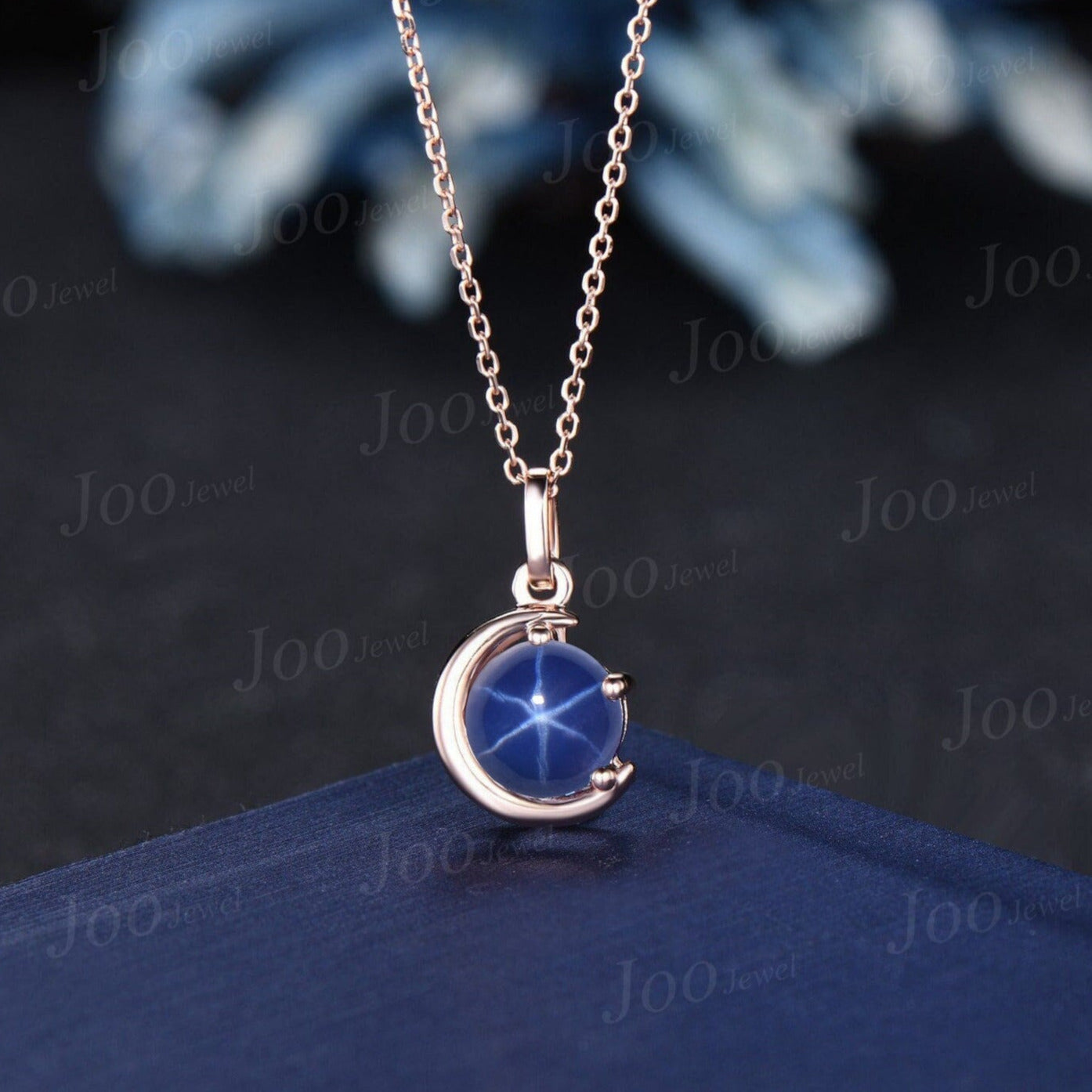 Round Star Blue Sapphire Necklace Rose Gold Crescent Moon Wedding Necklace Star Blue Bridal Solitaire Pendant Necklace Unique Promise Gifts