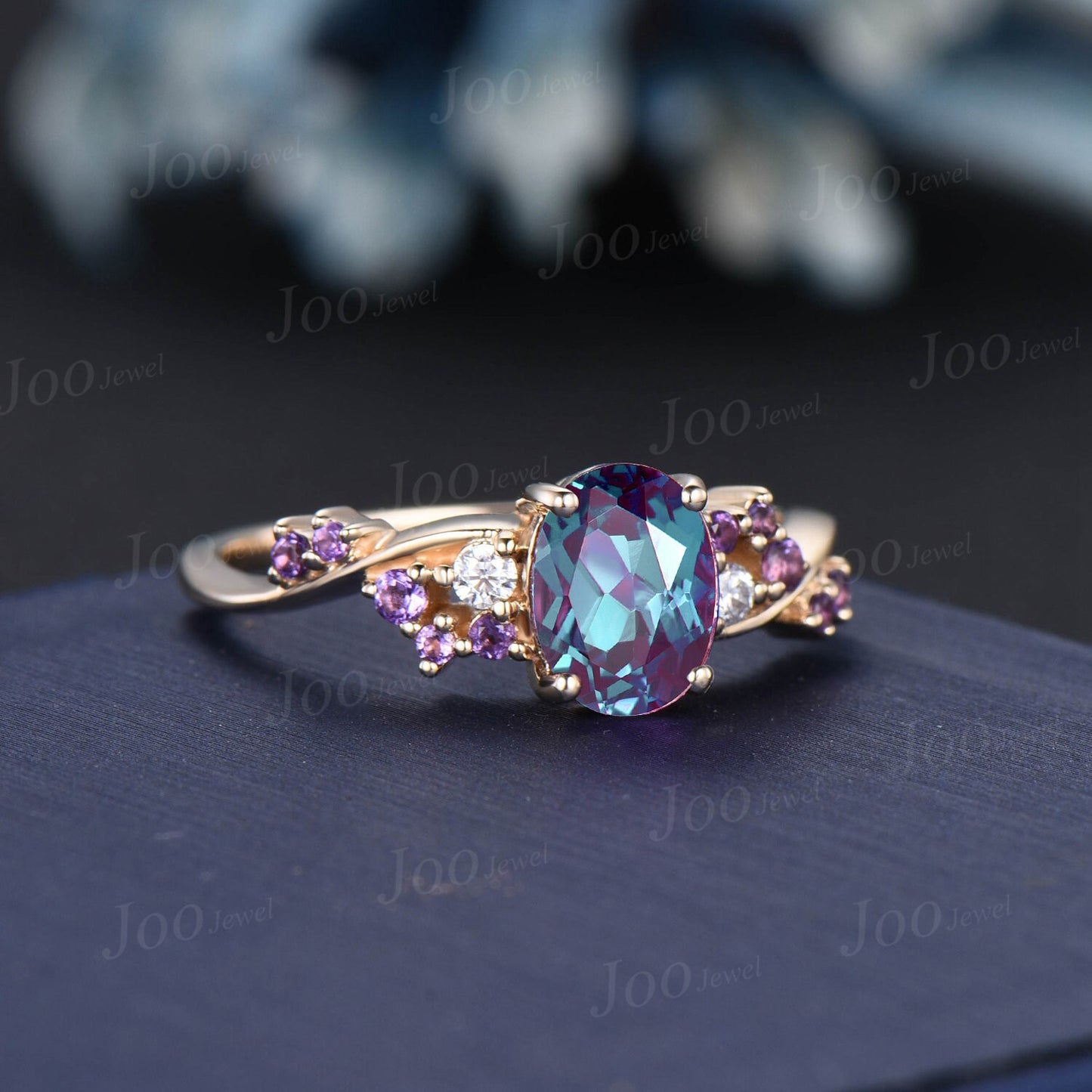 1.5ct Oval Color-Change Alexandrite Engagement Ring Cluster Moissanite Amethyst Twist Wedding Ring June Birthstone Promise Ring Gift Women