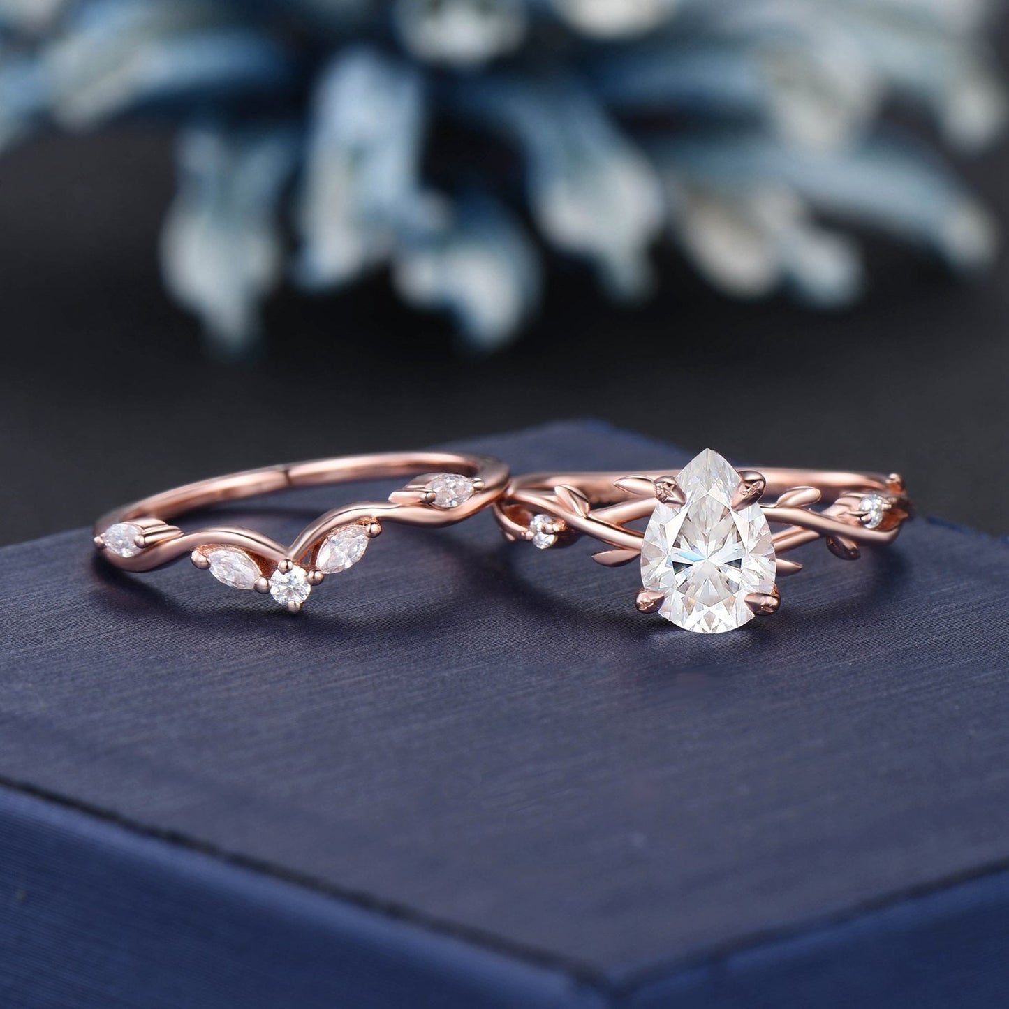 Nature Inspired Moissanite Engagement Ring Set Twist Vine Ring 1.25ct Pear Moissanite Diamond Wedding Ring Teardrop Moissanite Bridal Set