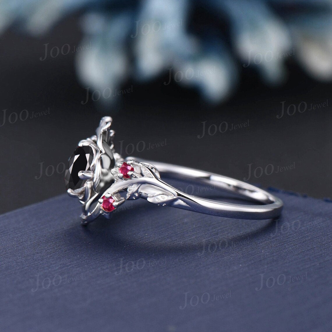 Rose Flower Natural Black Onyx Garnet Engagement Rings 14K Rose Gold Twig Leaf Nature Inspired Natural Round Onyx Wedding Ring Antique Gifts
