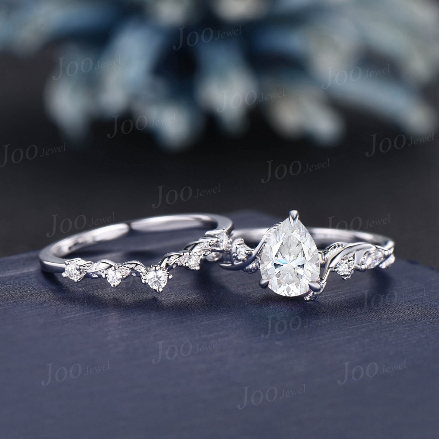 Twist Twig Vine Nature Inspired Pear Moissanite Engagement Ring Set 14K White Gold Leaf Moissanite Diamond Wedding Bridal Set Promise Gifts