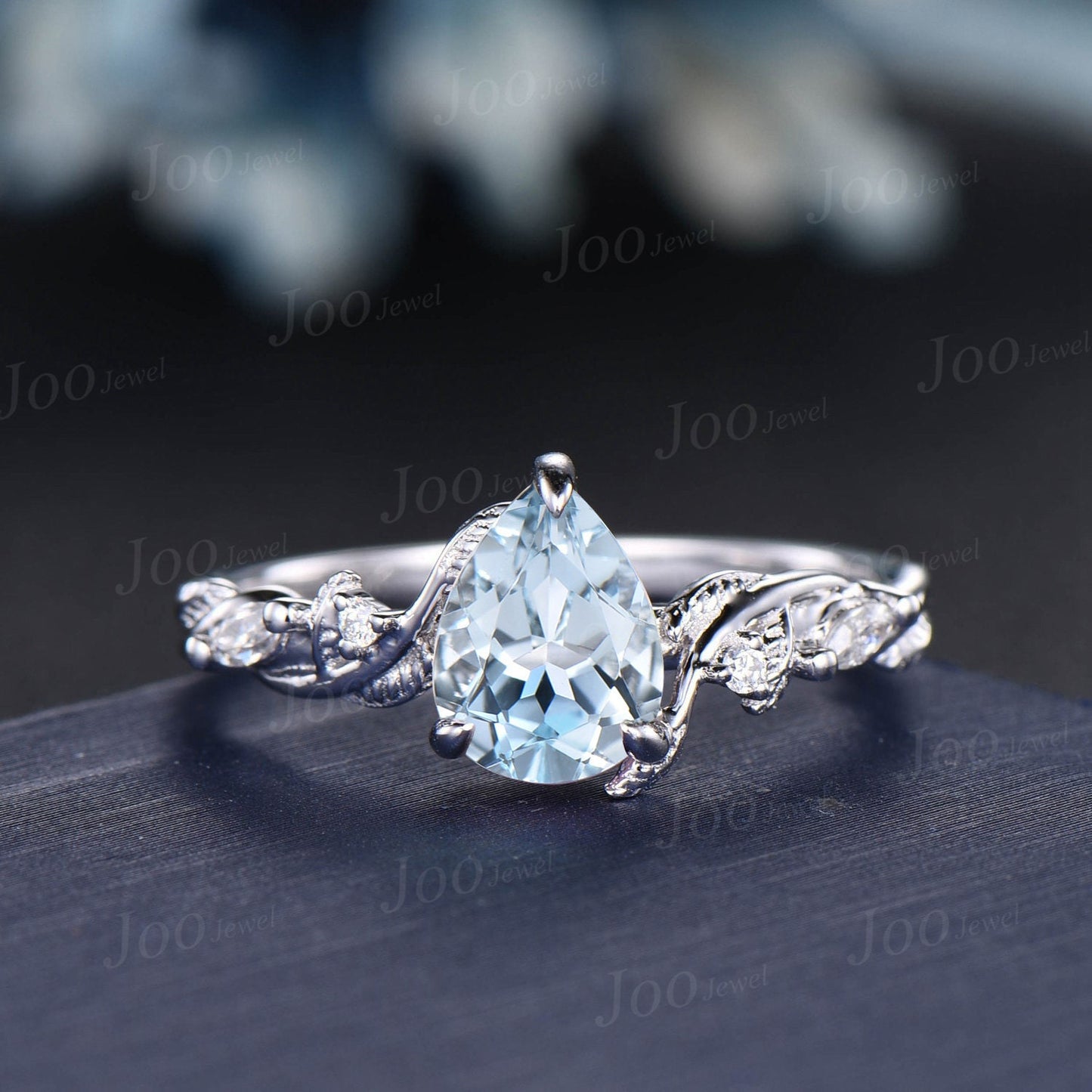 1.25ct Twig Vine Nature Inspired Natural Aquamarine Diamond Engagement Ring 14K White Gold Moissanite Wedding Leaf Bridal Set Promise Gifts