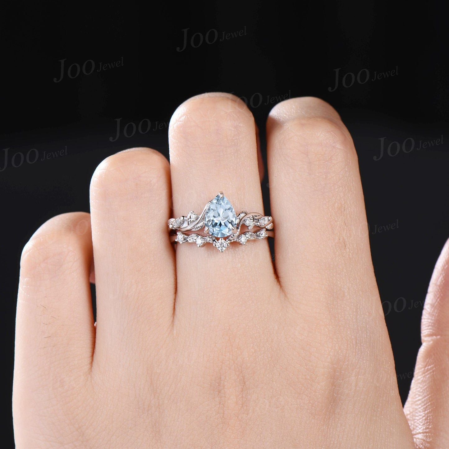 1.25ct Twig Vine Nature Inspired Natural Aquamarine Diamond Engagement Ring 14K White Gold Moissanite Wedding Leaf Bridal Set Promise Gifts