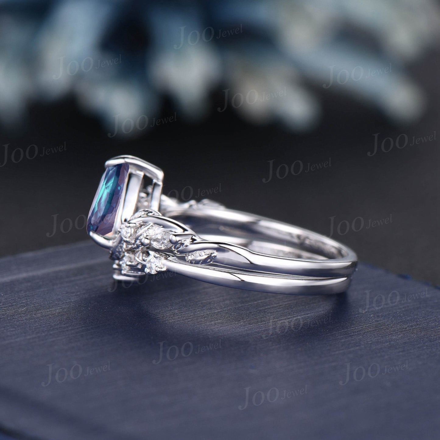 Nature Inspired Color-Change Alexandrite Diamond Bridal Set 14K White Gold Pear Alexandrite Wedding Ring Set June Birthstone Jewelry Gifts