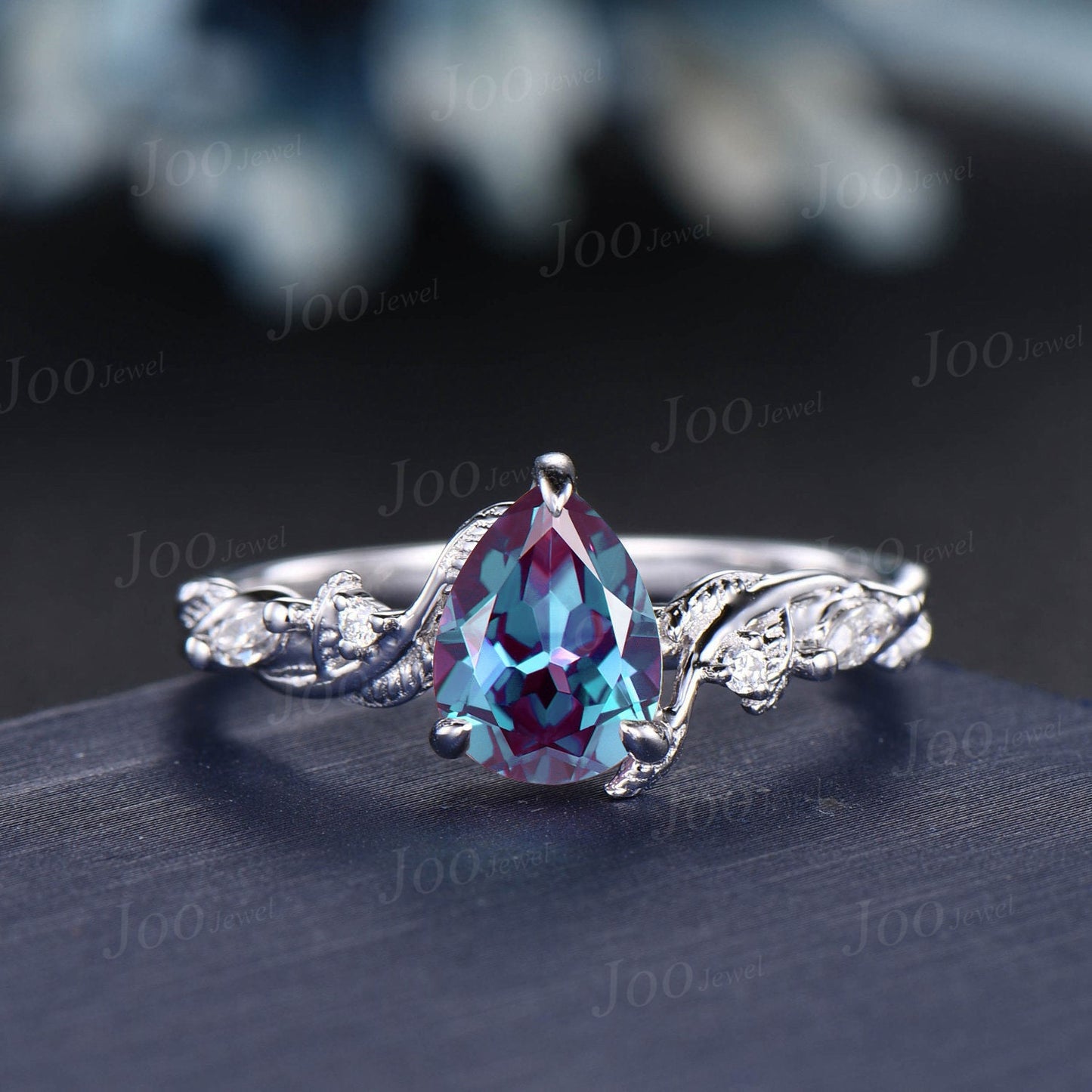 Nature Inspired Color-Change Alexandrite Diamond Bridal Set 14K White Gold Pear Alexandrite Wedding Ring Set June Birthstone Jewelry Gifts