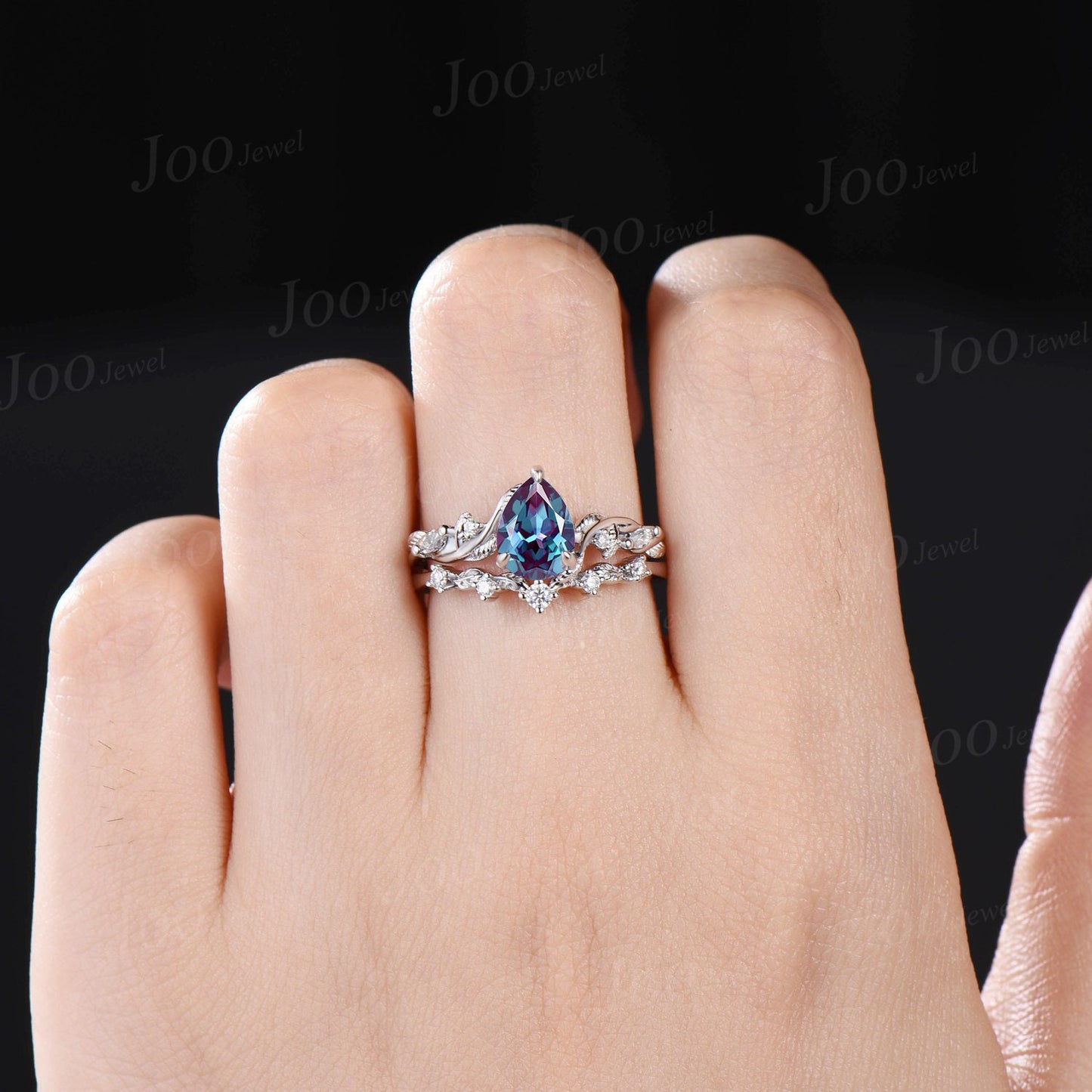 Nature Inspired Color-Change Alexandrite Diamond Bridal Set 14K White Gold Pear Alexandrite Wedding Ring Set June Birthstone Jewelry Gifts
