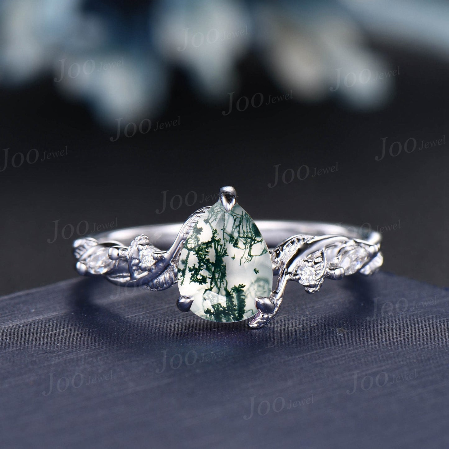 Nature Inspired Natural Moss Agate Diamond Engagement Ring Set 14K White Gold Pear Agate Wedding Ring Set Women Green Gemstone Jewelry Gifts