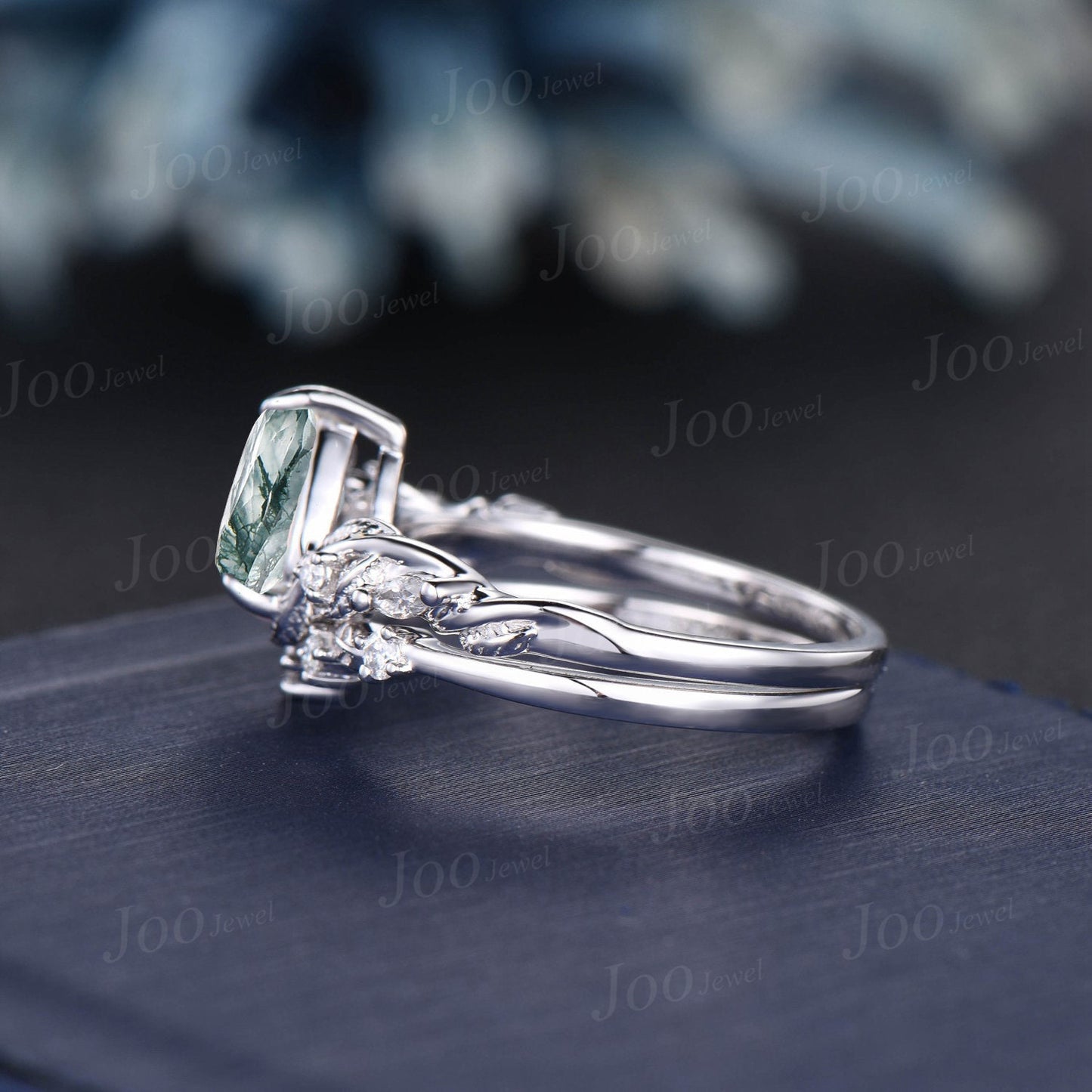 Nature Inspired Natural Moss Agate Diamond Engagement Ring Set 14K White Gold Pear Agate Wedding Ring Set Women Green Gemstone Jewelry Gifts