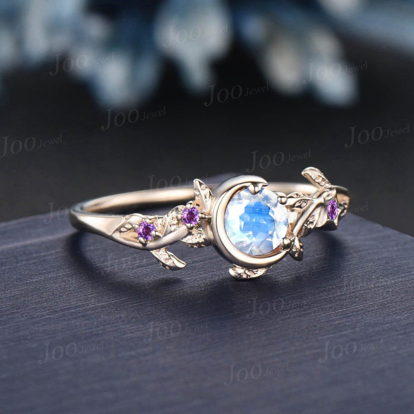 Round Cut Nature Inspired Branch Natural Moonstone Engagement Ring Vintage Moon Star Wedding Ring Cluster Amethyst Ring June Birthstone Gift
