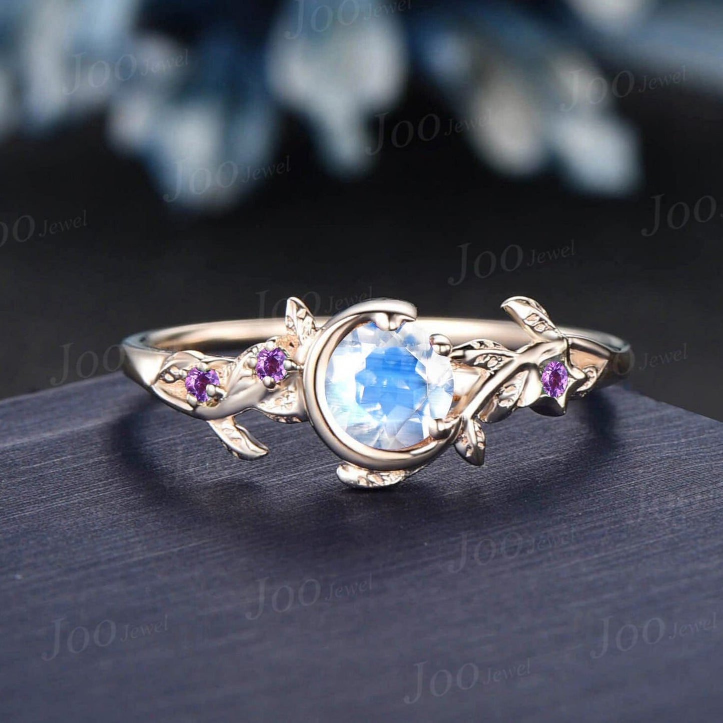 Round Cut Nature Inspired Branch Natural Moonstone Engagement Ring Vintage Moon Star Wedding Ring Cluster Amethyst Ring June Birthstone Gift