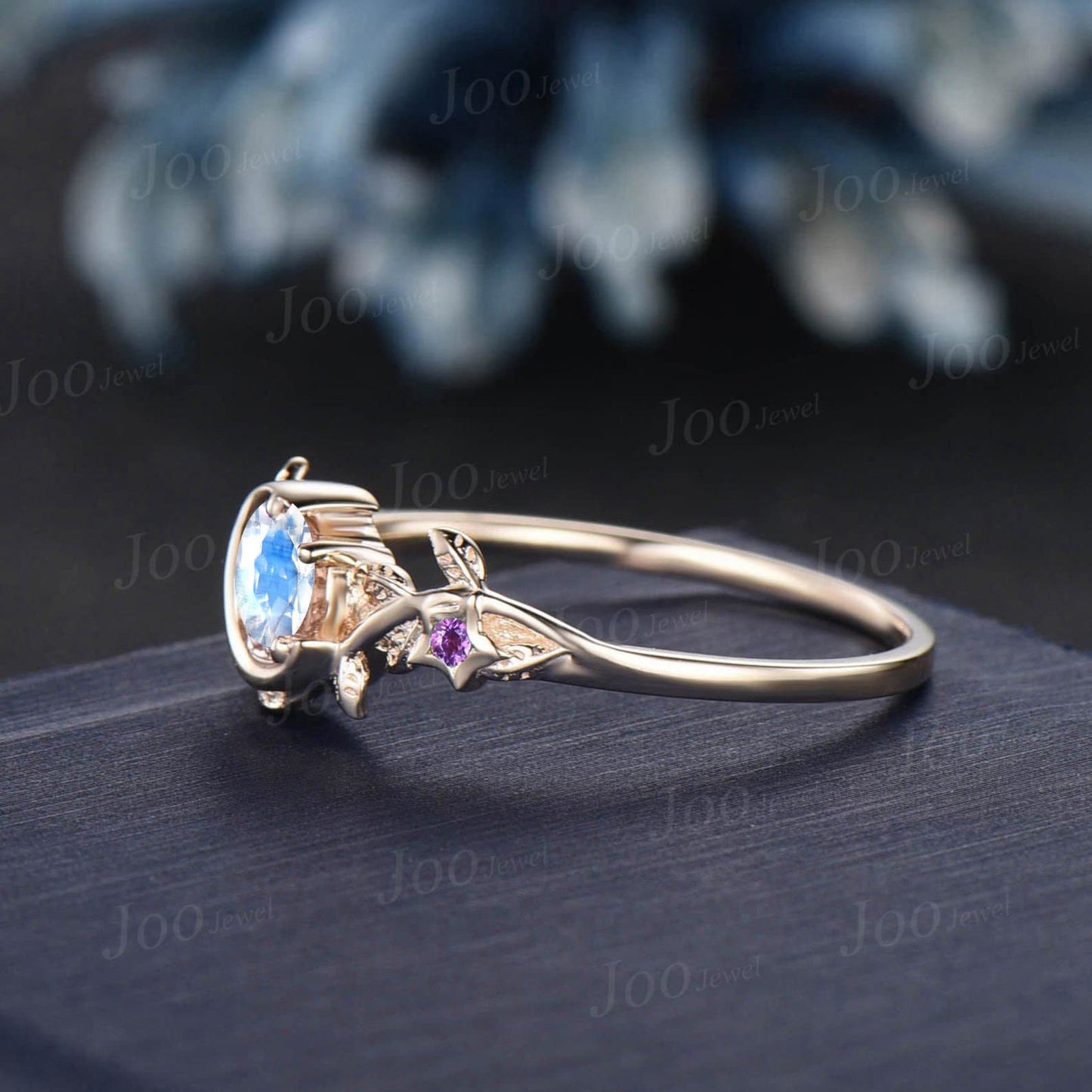 Round Cut Nature Inspired Branch Natural Moonstone Engagement Ring Vintage Moon Star Wedding Ring Cluster Amethyst Ring June Birthstone Gift