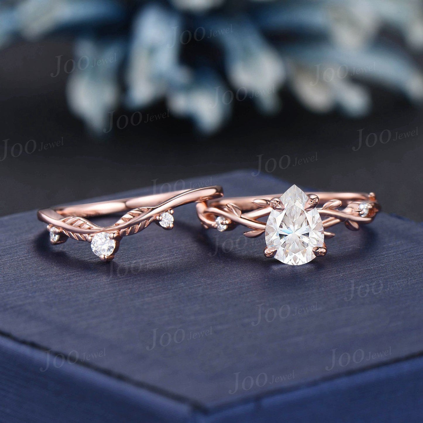 1.25ct Pear Moissanite Diamond Wedding Ring Set 14K Rose Gold Nature Inspired Twig Vine Moissanite Engagement Ring Unique Anniversary Gifts