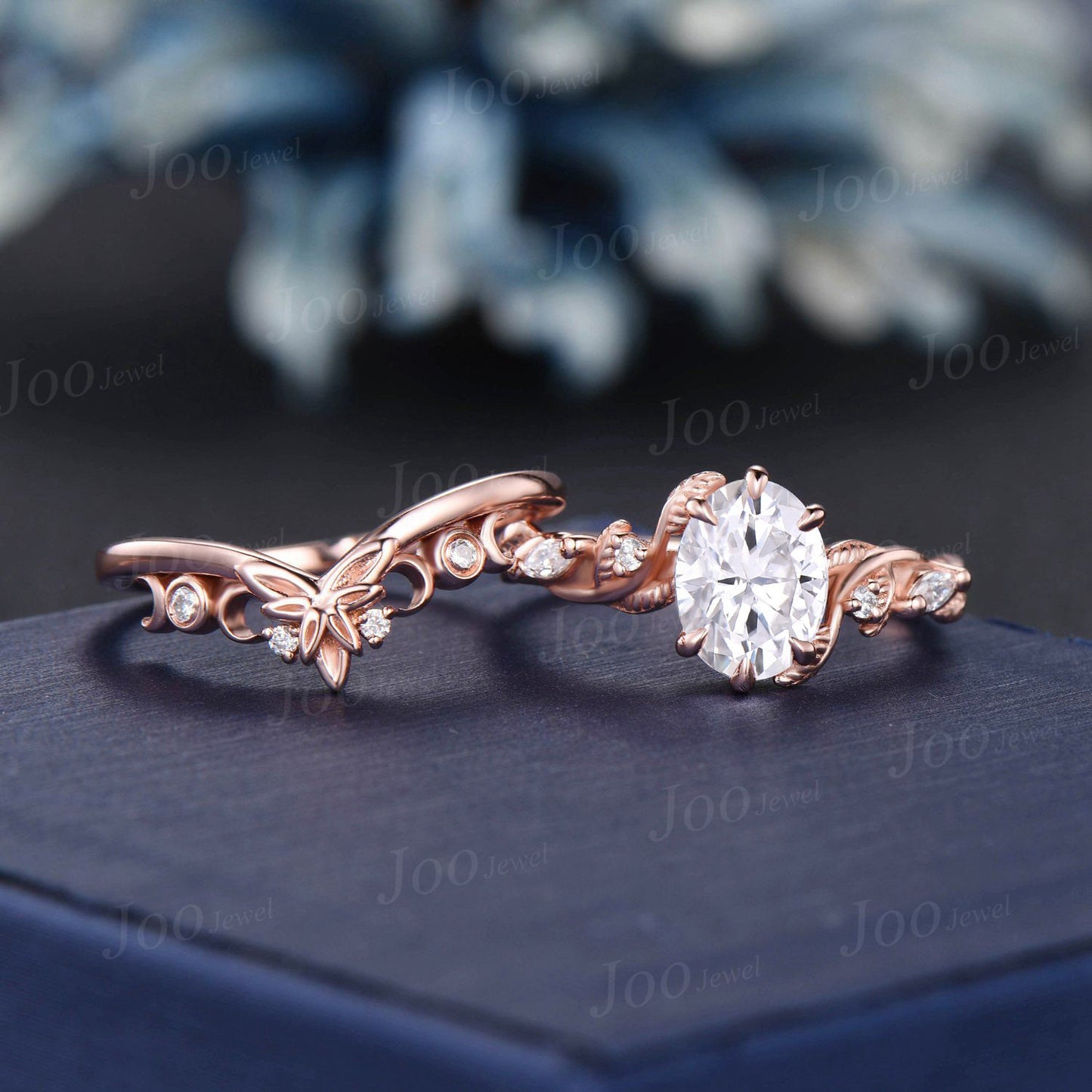 1.5ct Moissanite Diamond Wedding Ring Set 14K Rose Gold Nature Inspired Moon Leaf Oval Moissanite Engagement Ring Unique Anniversary Gifts
