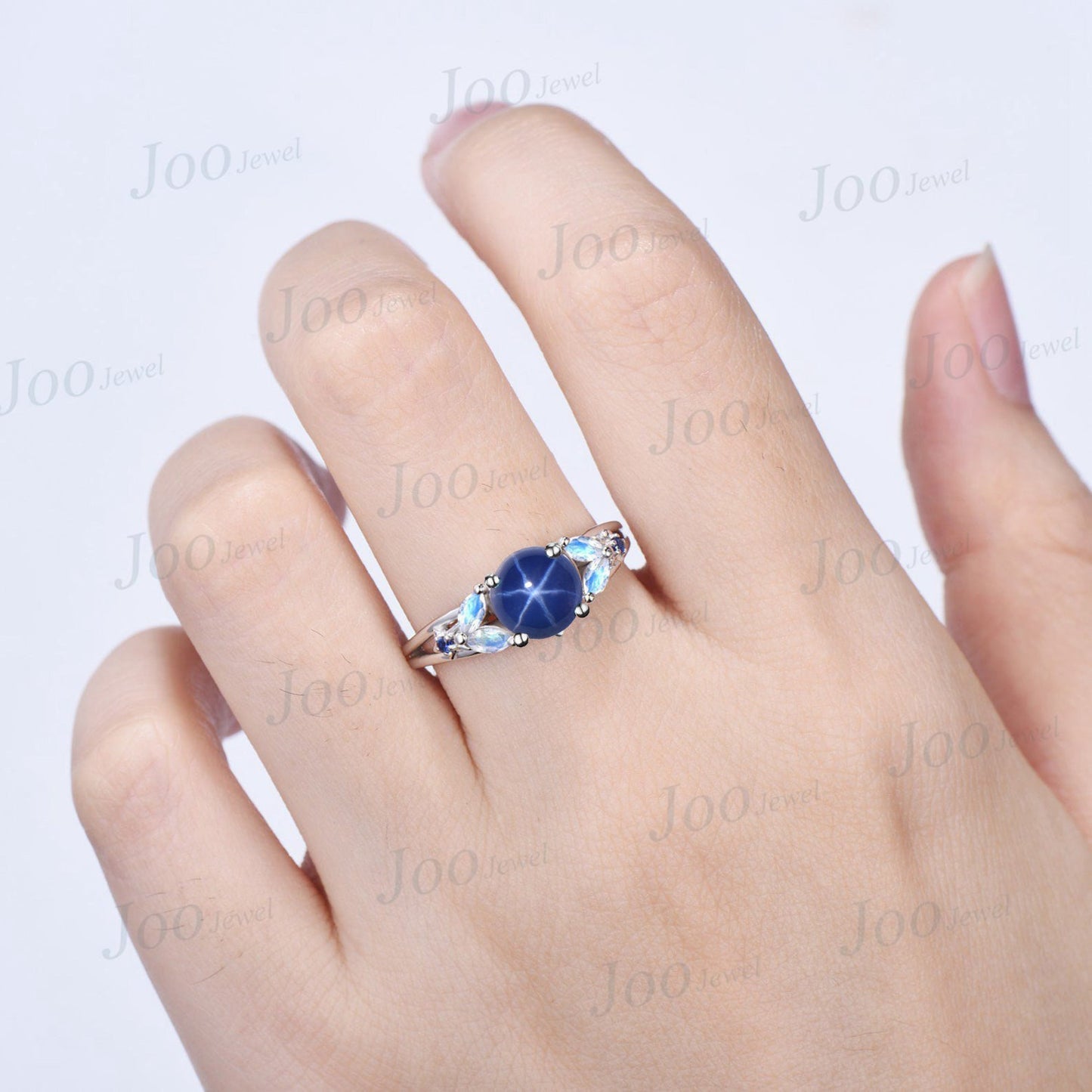 Round Cut Star Sapphire Engagement Rings Split Shank Band Cluster Natural Moonstone Blue Sapphire Promise Ring Handmade Personalized Gifts