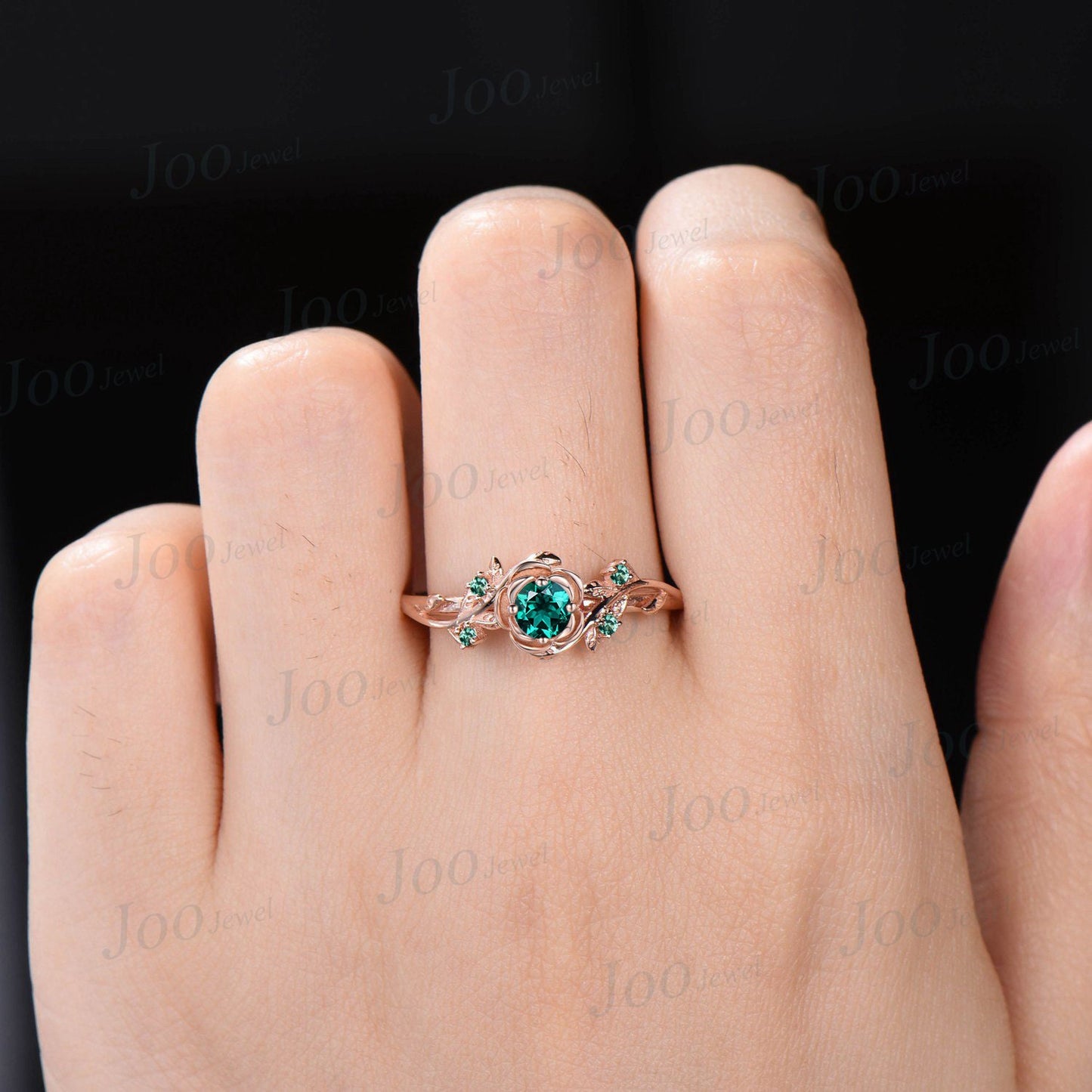 Round Green Emerald Rose Flower Engagement Ring 10K Rose Gold Floral Wedding Ring Vintage Leaf Branch Green Emerald Ring May Birthstone Gift