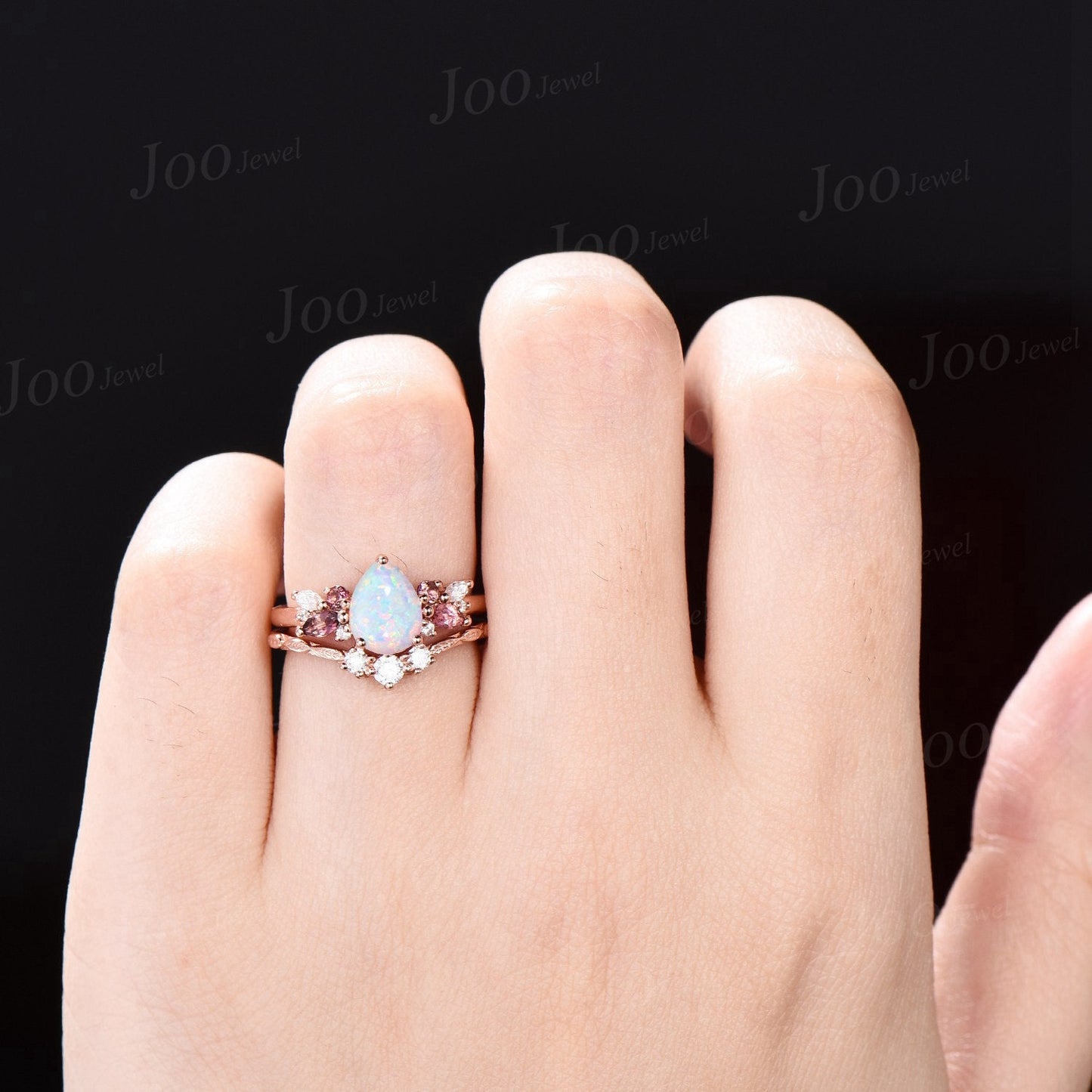 Pink Tourmaline Opal Cluster Bridal Set 1.25ct Pear Opal Engagement Ring Set Vine Twig Moissanite Band Promise Ring October Birthstone Gifts