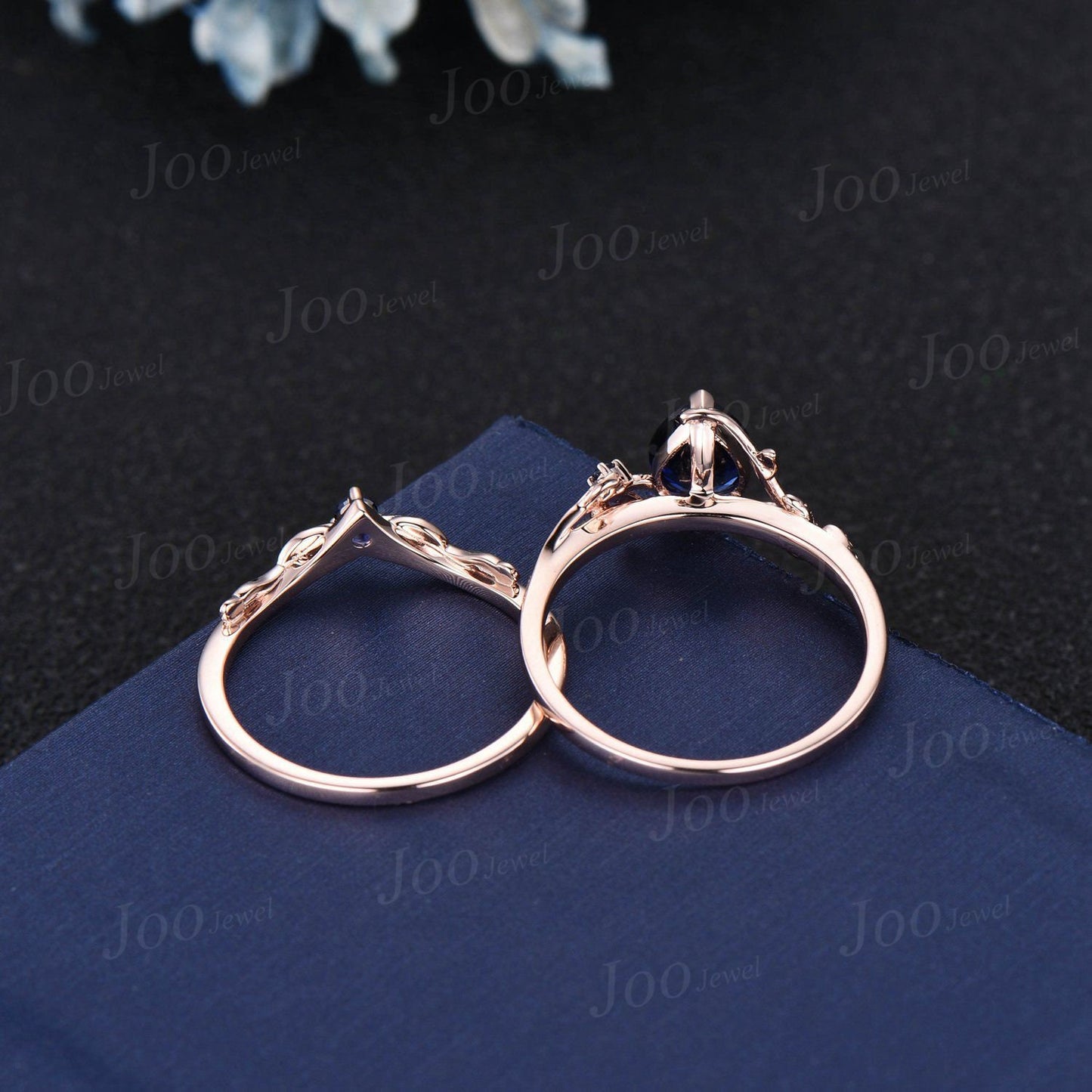1.25ct Pear Cut Nature Inspired Star Sapphire Engagement Ring Set Branch Leaf Blue Sapphire Wedding Ring Set Unique Handmade Proposal Gifts
