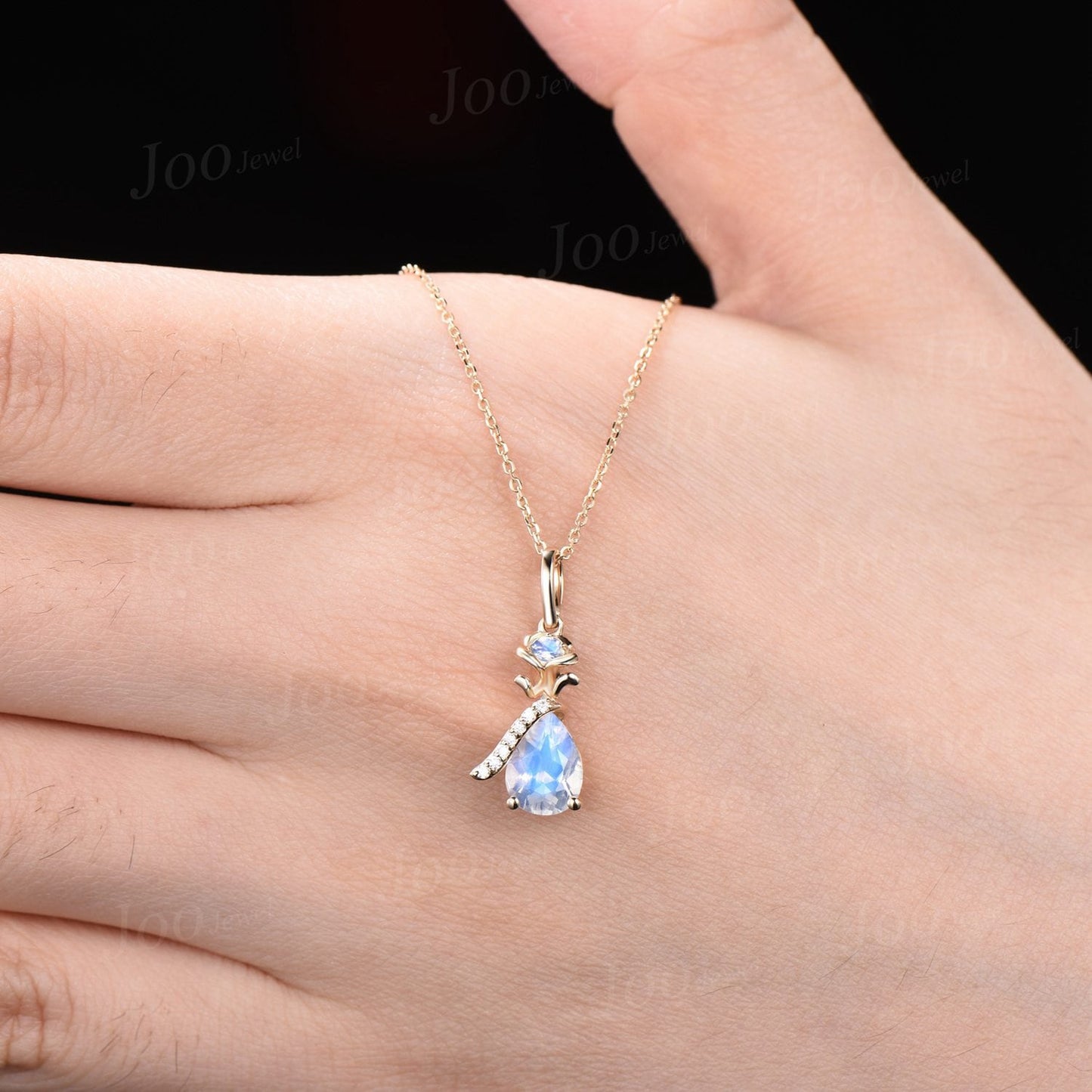 Rose Flower Natural Teardrop Moonstone Wedding Pendant Necklace June Birthstone Bridal Drop Necklaces 14K Rose Gold Nature Inspired Jewelry