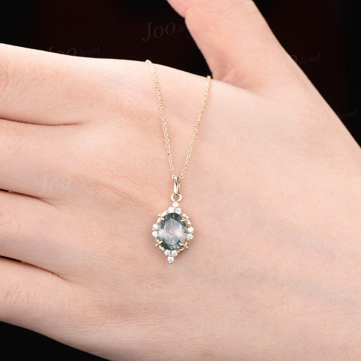 Oval Natural Moss Agate Pendant Necklace Vintage 14K Gold Necklace Twig leaf Vine Branch Halo Moss Agate Jewelry Birthday Anniversary Gifts