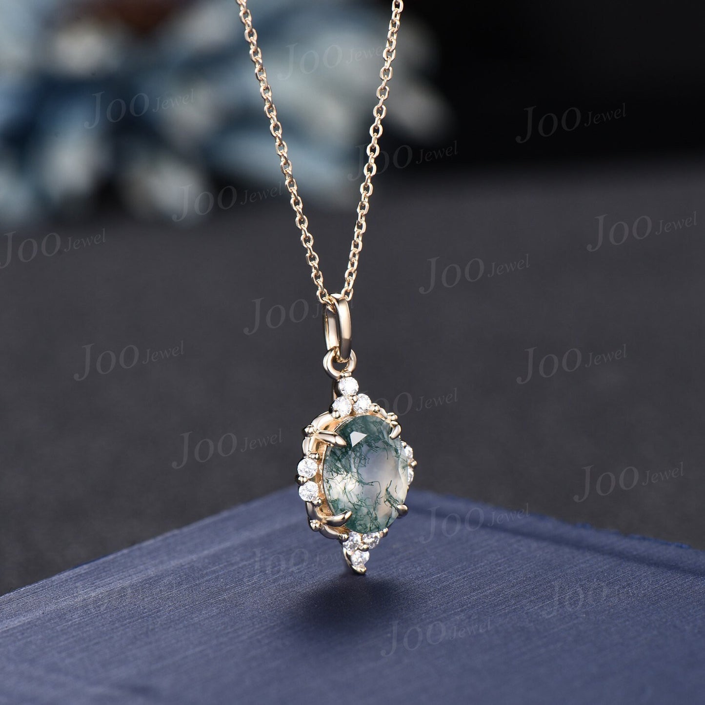 Oval Natural Moss Agate Pendant Necklace Vintage 14K Gold Necklace Twig leaf Vine Branch Halo Moss Agate Jewelry Birthday Anniversary Gifts