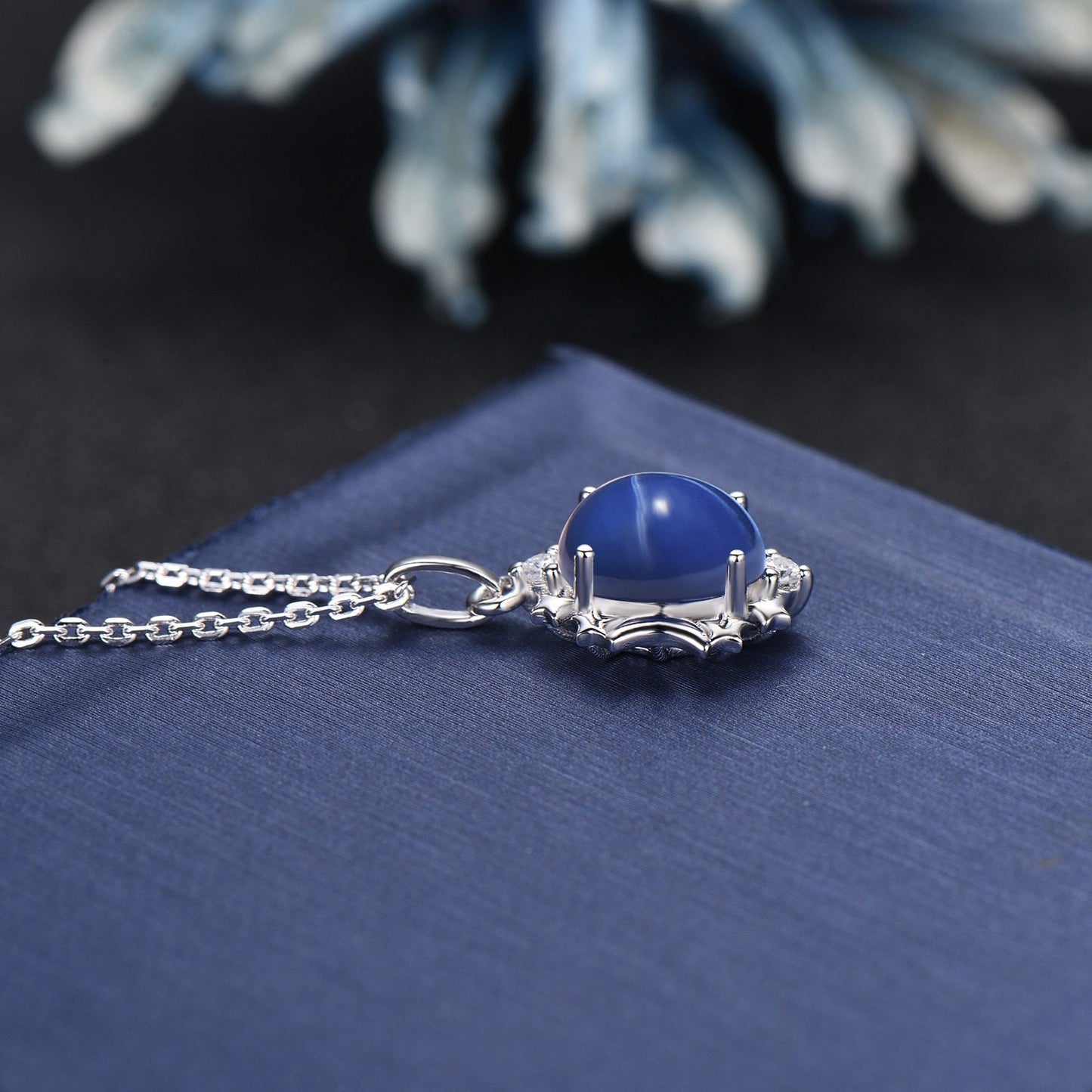 Oval Star Blue Sapphire Necklace 14K Gold Moon Star Halo Wedding Necklace Star Blue Bridal Solitaire Pendant Necklace Unique Promise Gifts