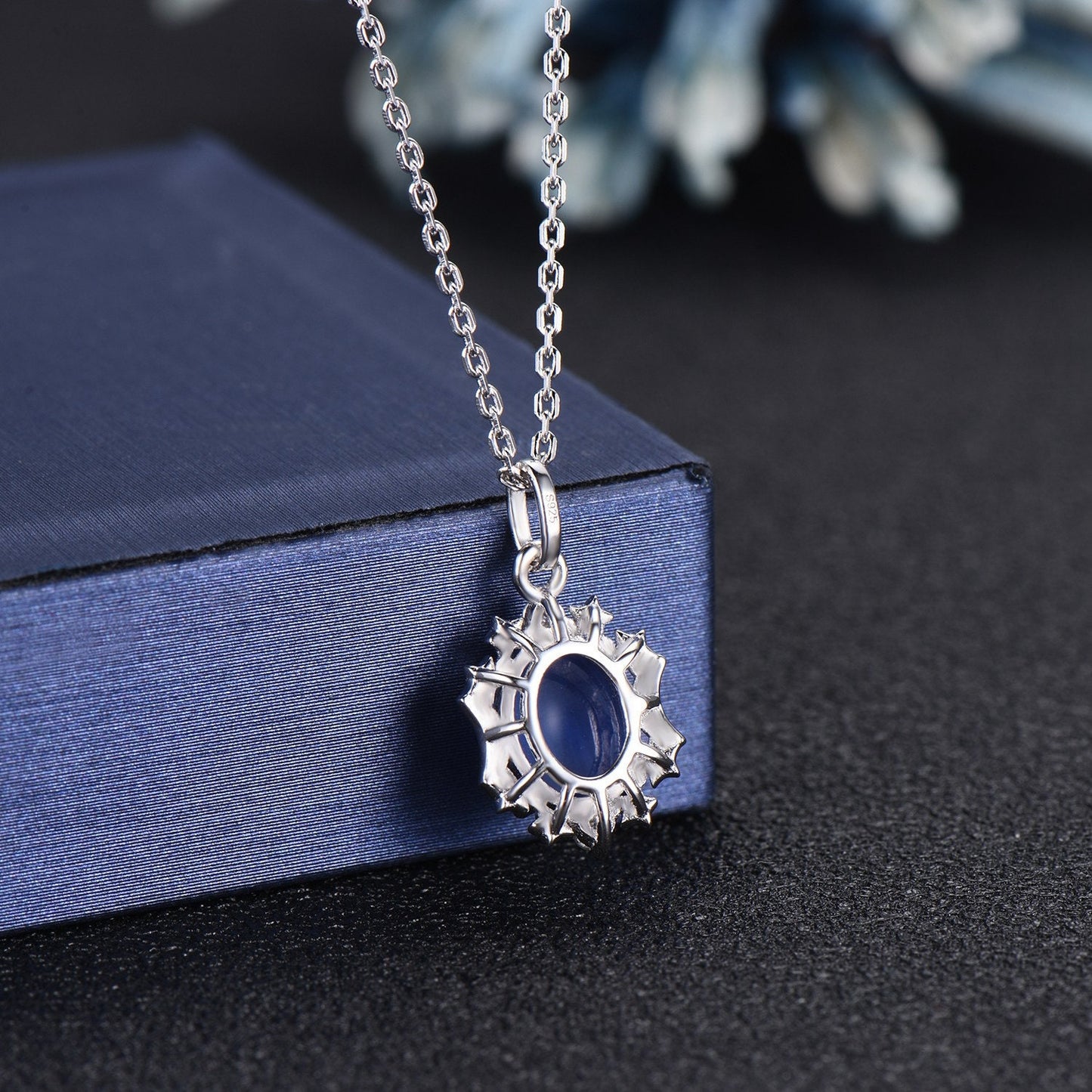 Oval Star Blue Sapphire Necklace 14K Gold Moon Star Halo Wedding Necklace Star Blue Bridal Solitaire Pendant Necklace Unique Promise Gifts