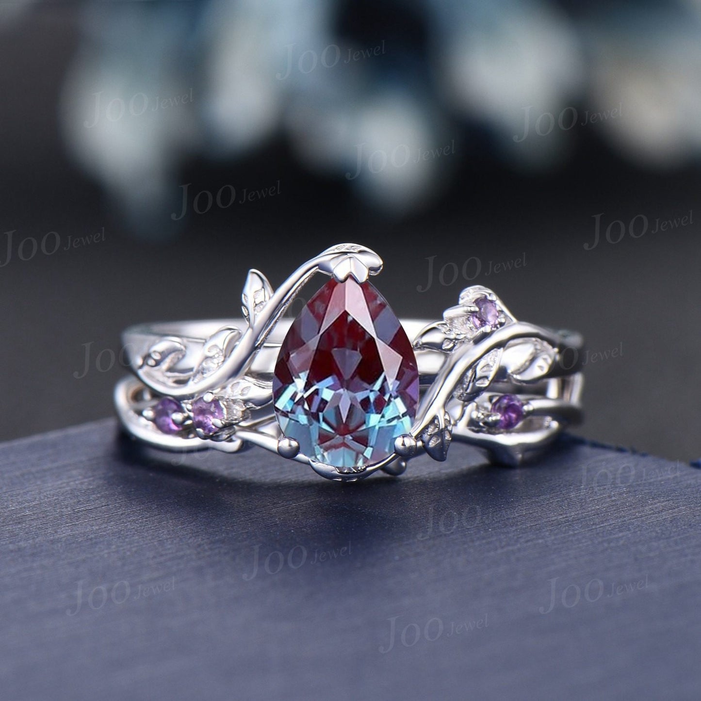 White Gold Alexandrite Pear Engagement Ring Set Nature Inspired Alexandrite Engagement Ring Leaf Vine Amethyst Ring Set Cluster Branch Ring