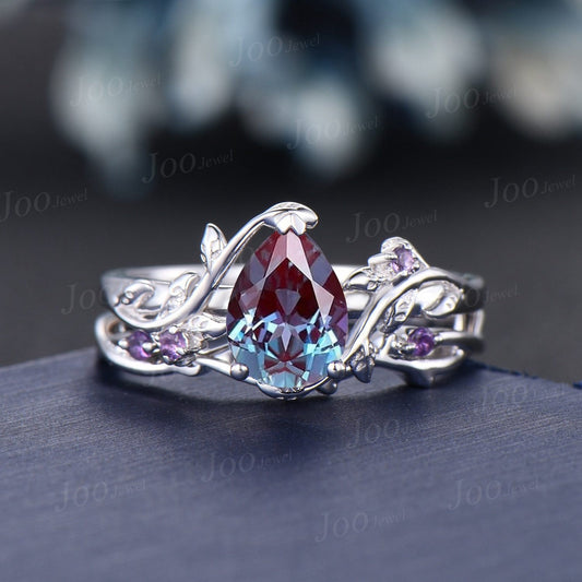 White Gold Alexandrite Pear Engagement Ring Set Nature Inspired Alexandrite Engagement Ring Leaf Vine Amethyst Ring Set Cluster Branch Ring