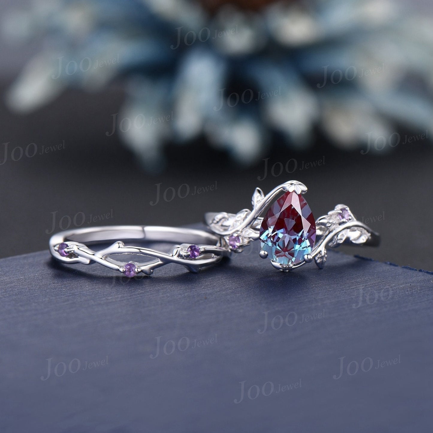 White Gold Alexandrite Pear Engagement Ring Set Nature Inspired Alexandrite Engagement Ring Leaf Vine Amethyst Ring Set Cluster Branch Ring