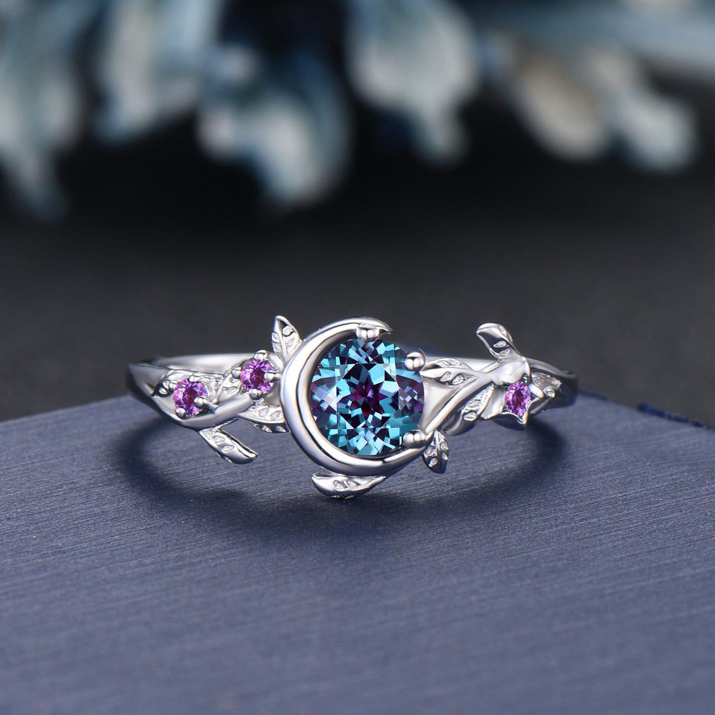 Sterling Silver Round Alexandrite Nature Engagement Ring June Birthstone Gift Cluster Emerald Moon Wedding Ring Unique Birthday Gift Women